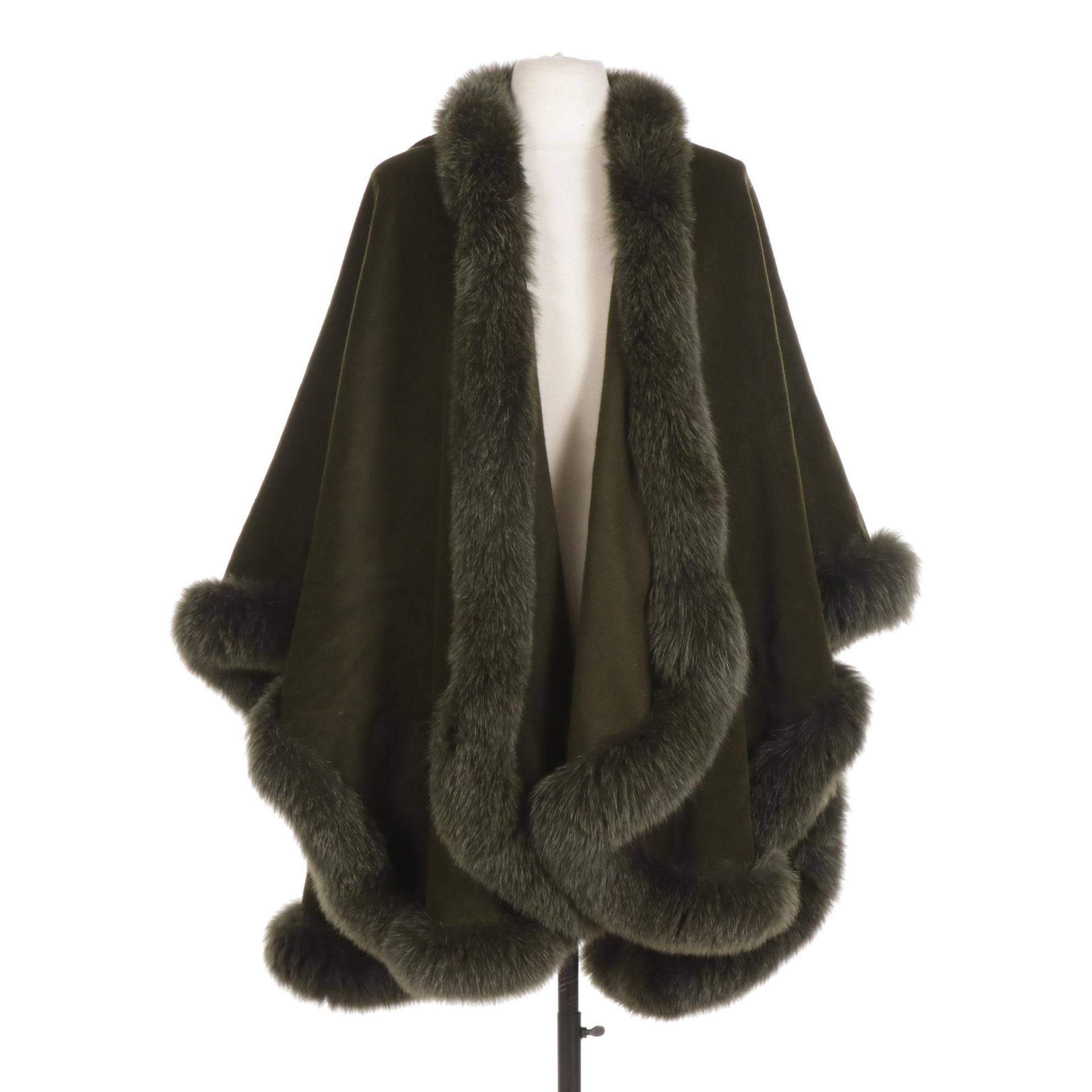 St. John Coats Olive Green Wool Cape With Fox Fur Trim