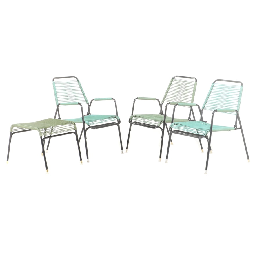 Teal and Green Metal and Woven Plastic Patio Chairs and Ottoman