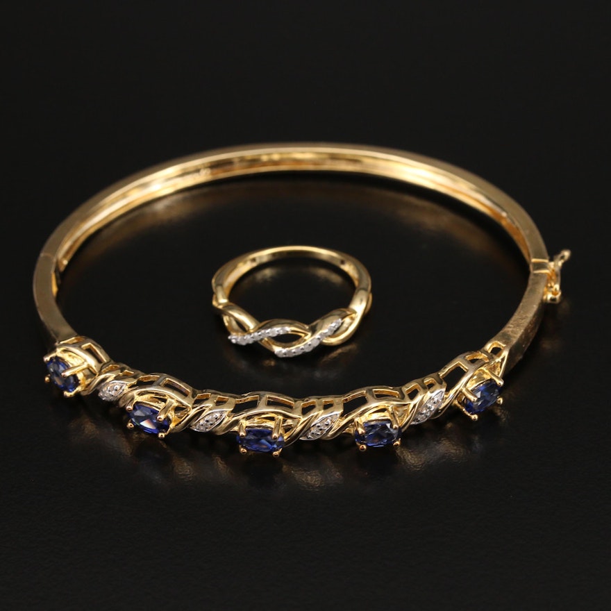 Sterling Hinged Bangle and Ring with Sapphire and Diamond