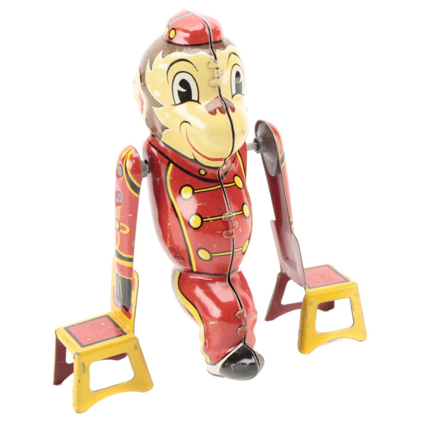 Marx "Tumbling Monkey" Wind-Up Tin Litho Mechanical Toy, Mid-20th Century