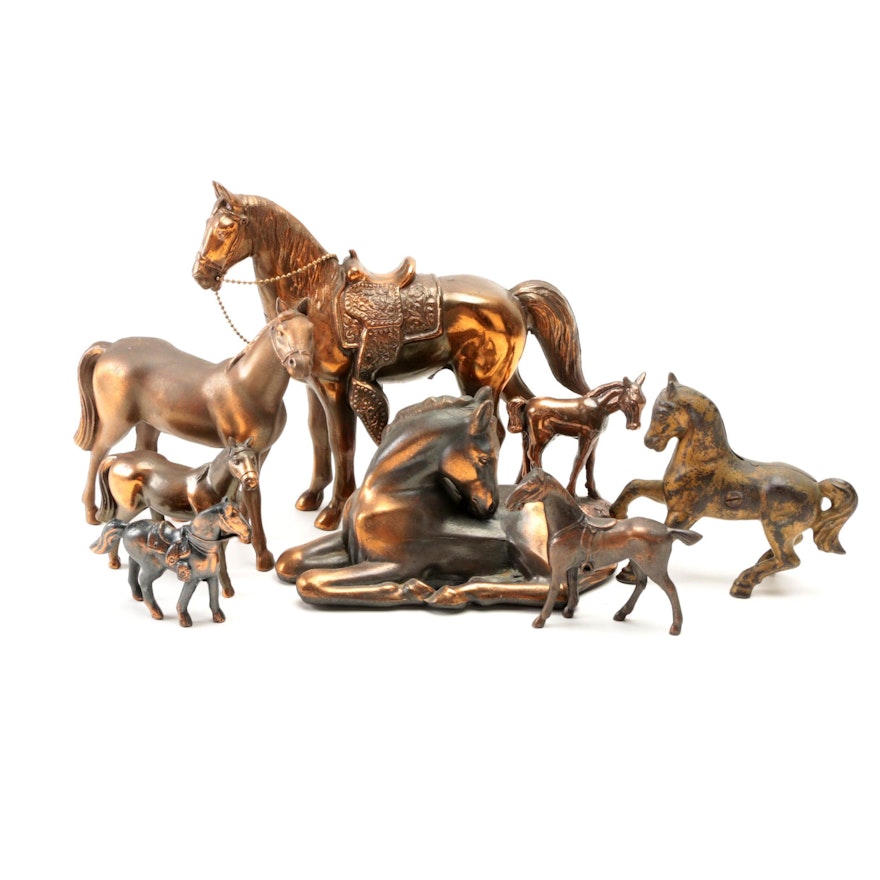 Cast Bronze Horse Figurines with Cast Iron Horse Form Still Bank