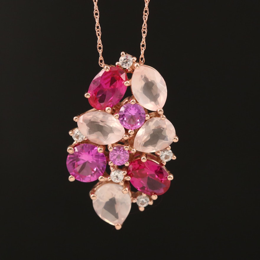 10K Rose Gold Rose Quartz, Ruby, White and Pink Sapphire Pendant Necklace