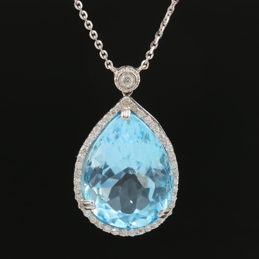 14K 38.05 CT Sky Blue Topaz and Diamond Halo Drop Pendant Necklace