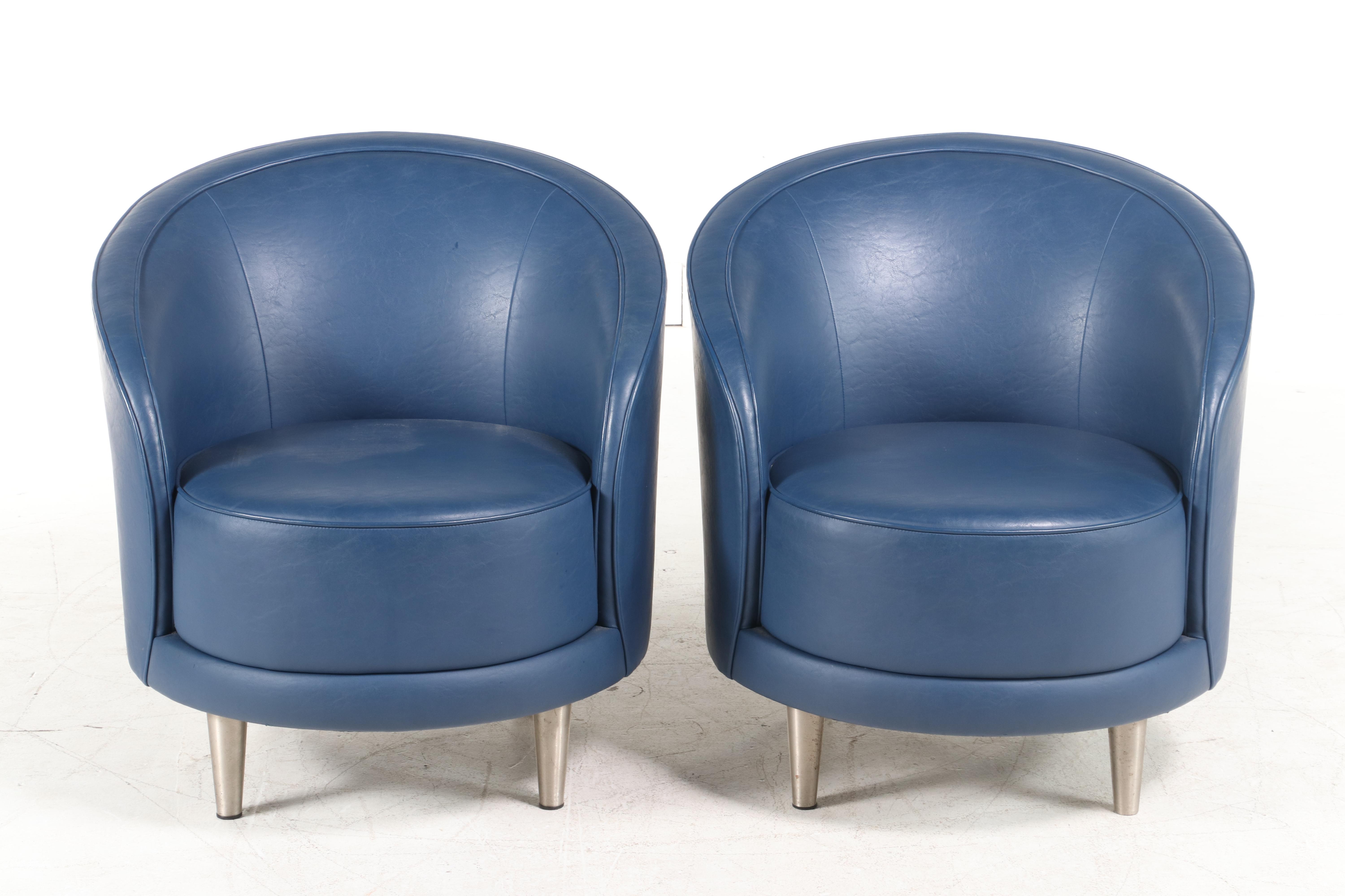 Pair of Martin/Brattrud Inc. Modernist Style Blue Faux-Leather Tub Chairs