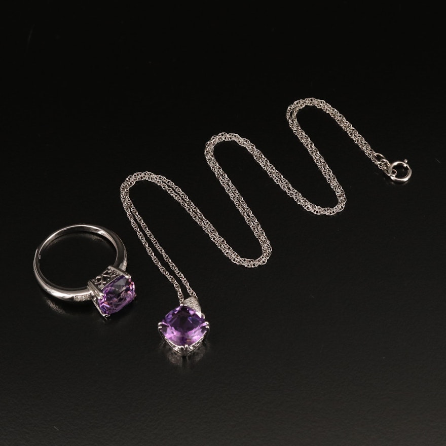 Sterling Amethyst and Diamond Pendant Necklace and Ring