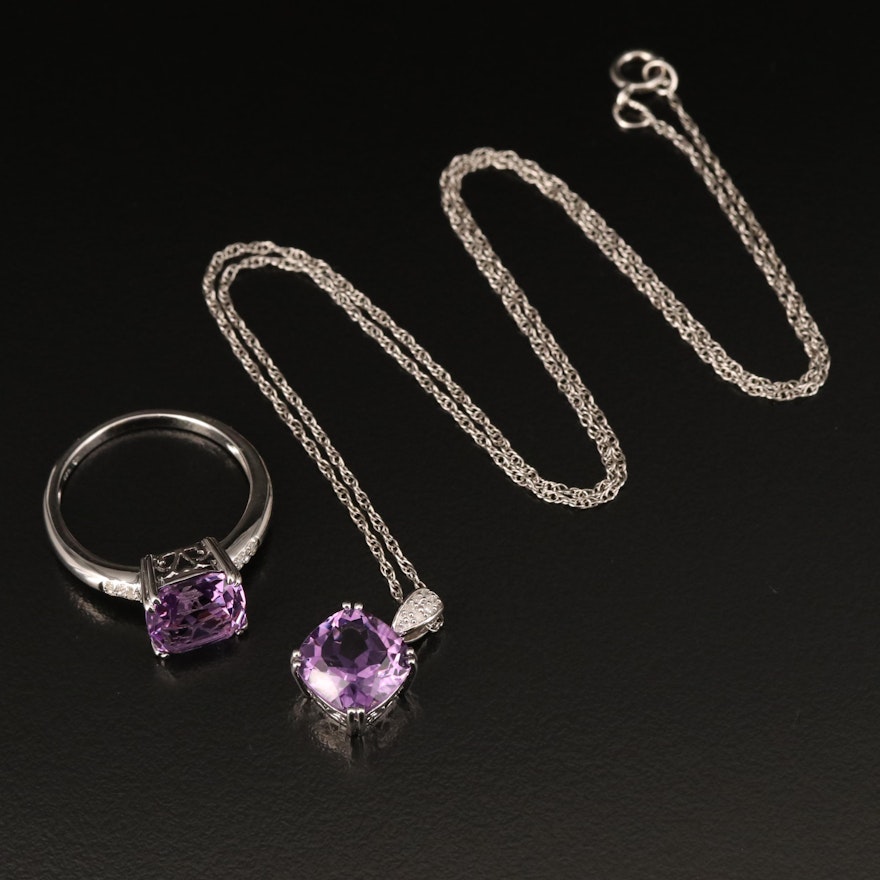 Sterling Amethyst and Diamond Ring and Pendant Necklace Set