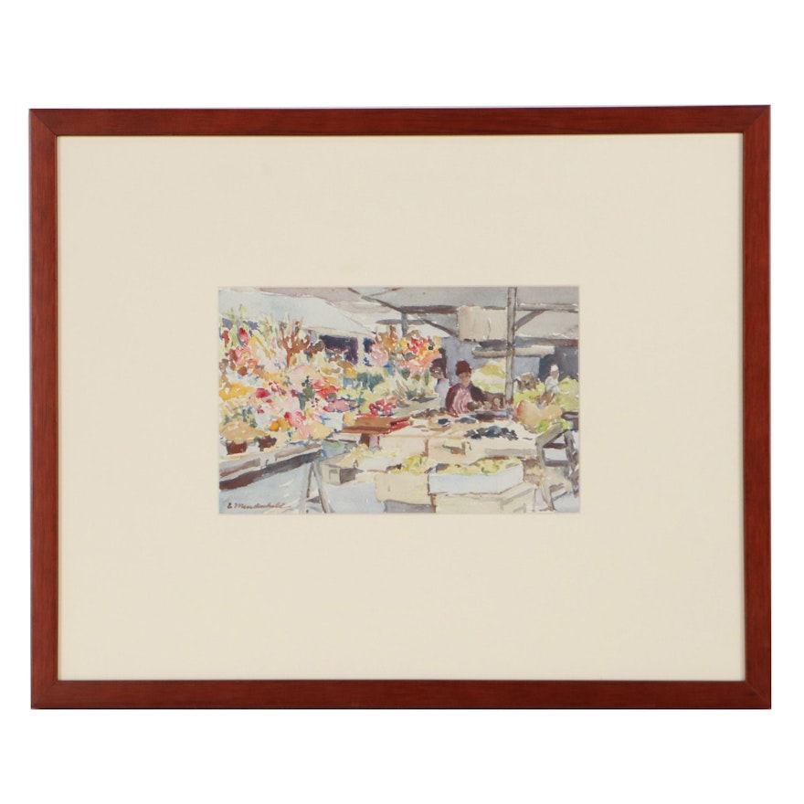 Emma Mendenhall Watercolor Painting of Market, Mid-20th Century
