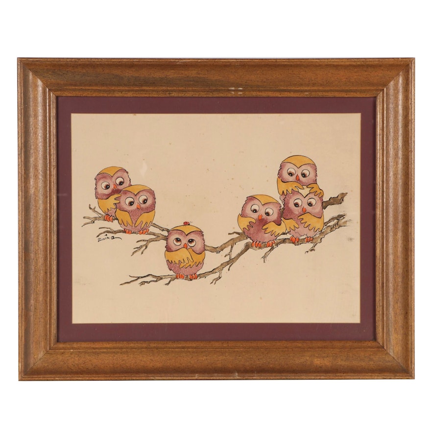 Ink and Watercolor Illustration of Owls on Branches, Mid-20th Century