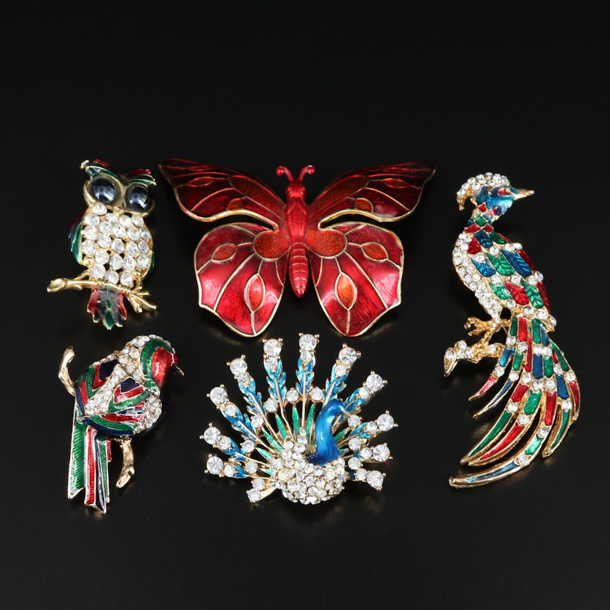 Vintage Birds and Butterfly Rhinestone Brooches