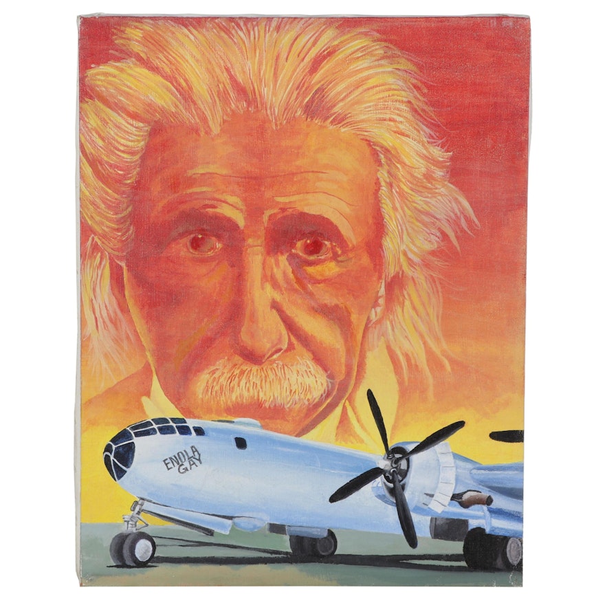 Montage Acrylic Painting of Enola Gay Bomber Plane and Albert Einstein