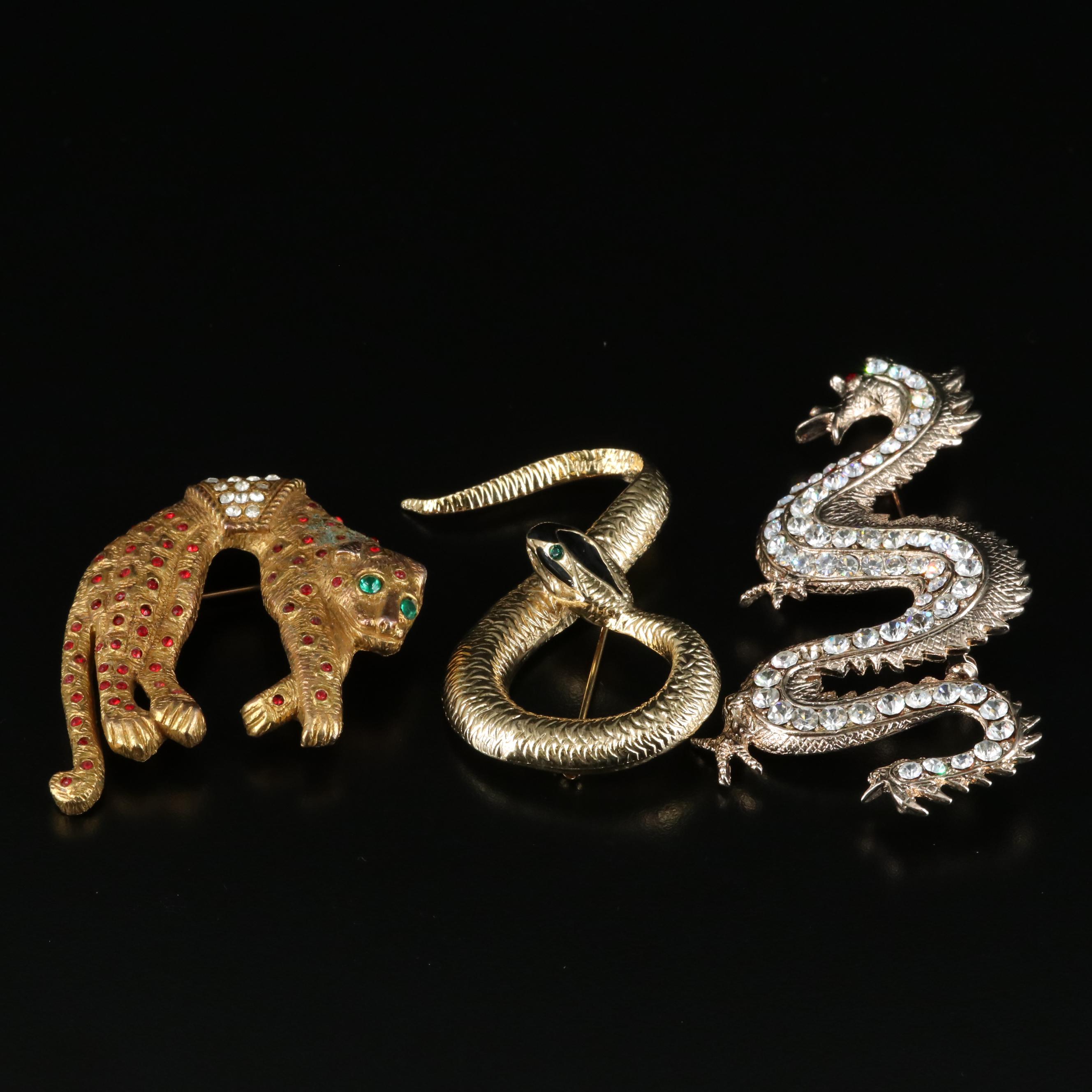 Vintage Animal Brooches Including Dragon, Zebra, Owl and Snail
