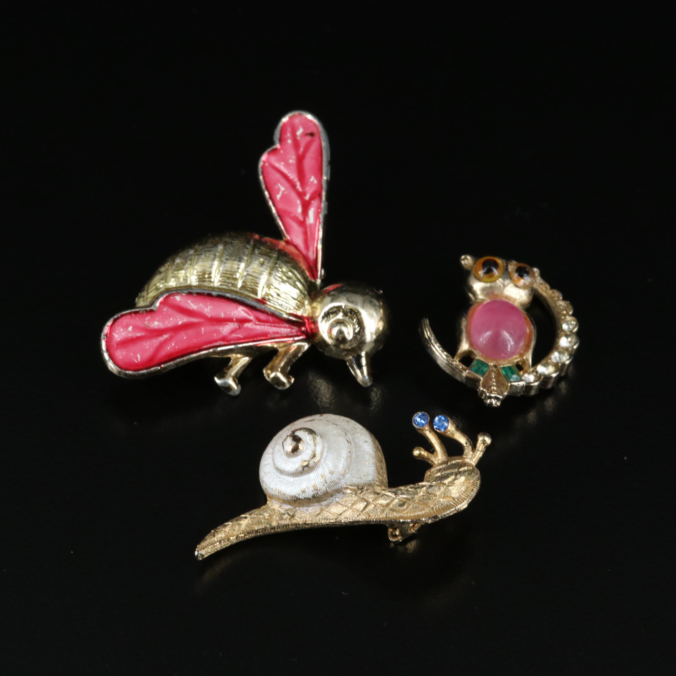 Vintage Animal Brooches Including Dragon, Zebra, Owl and Snail