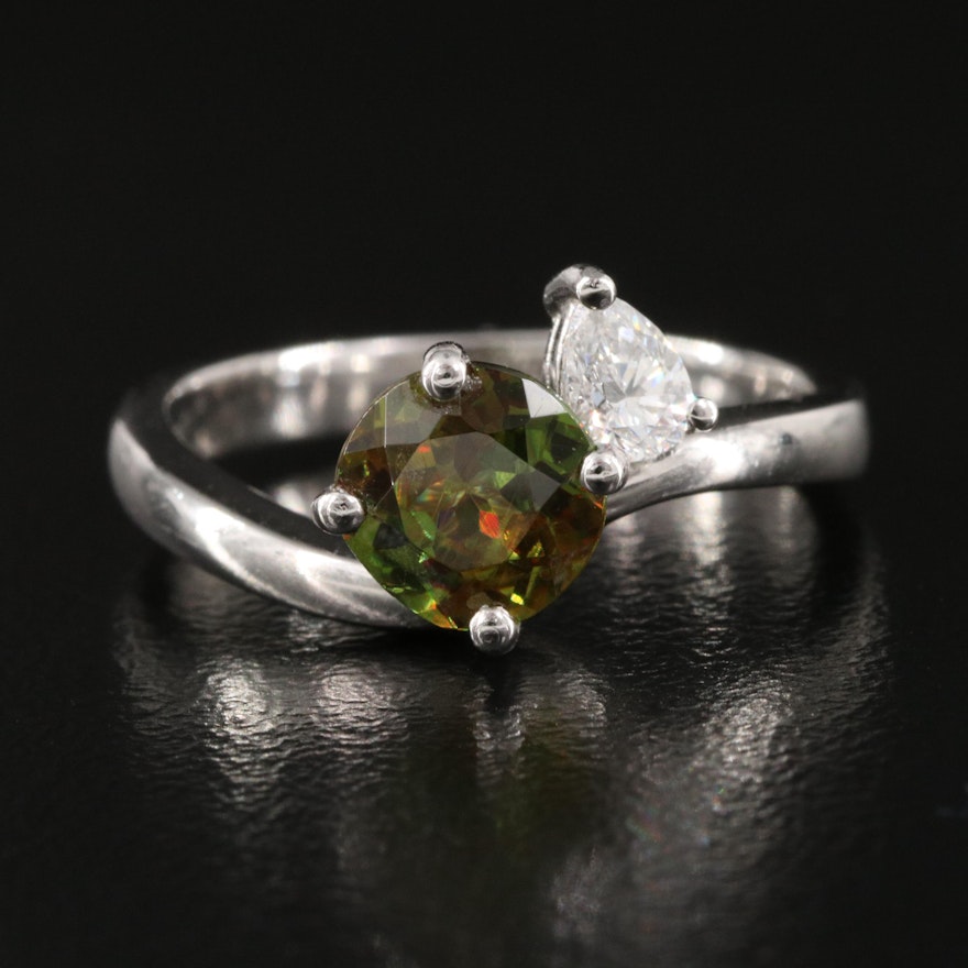 Platinum Sphene and Diamond Ring