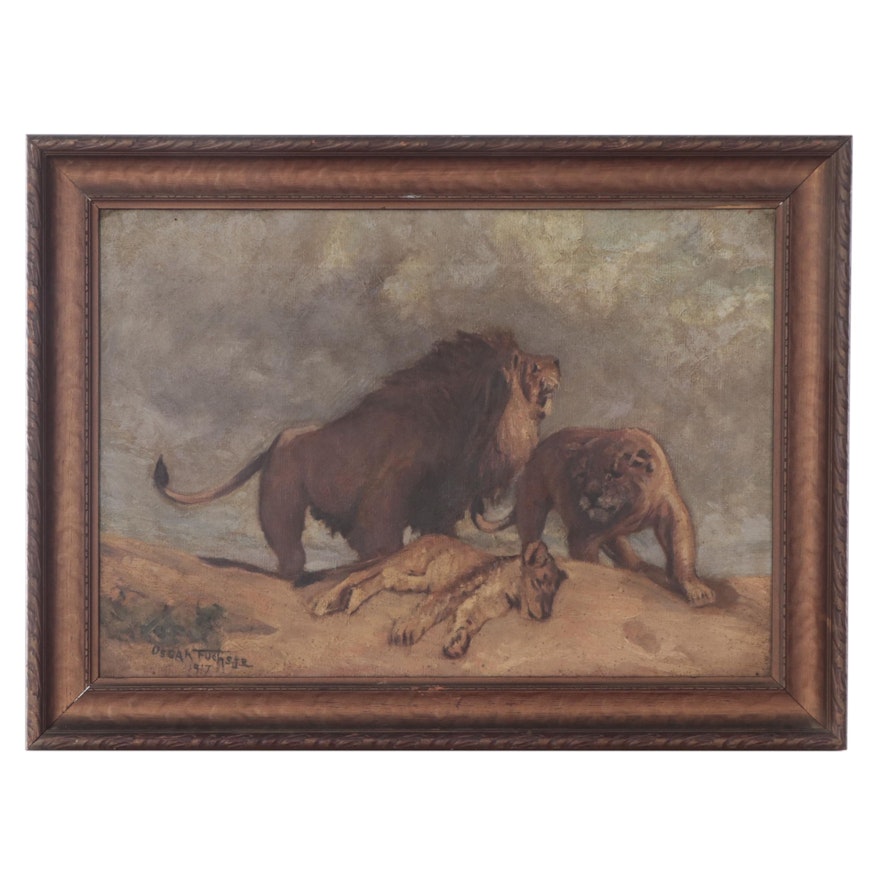 Oscar Fuchs Jr. Oil Painting of Lions, 1917