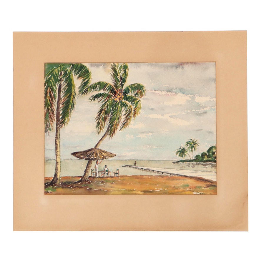 Catherine Hill Tropical Coastal Landscape Watercolor Painting, 1949