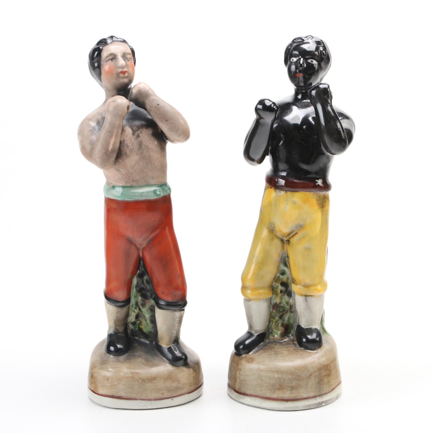 Staffordshire Style Earthenware Tom Molineaux and Tom Cribb Boxer Figurines