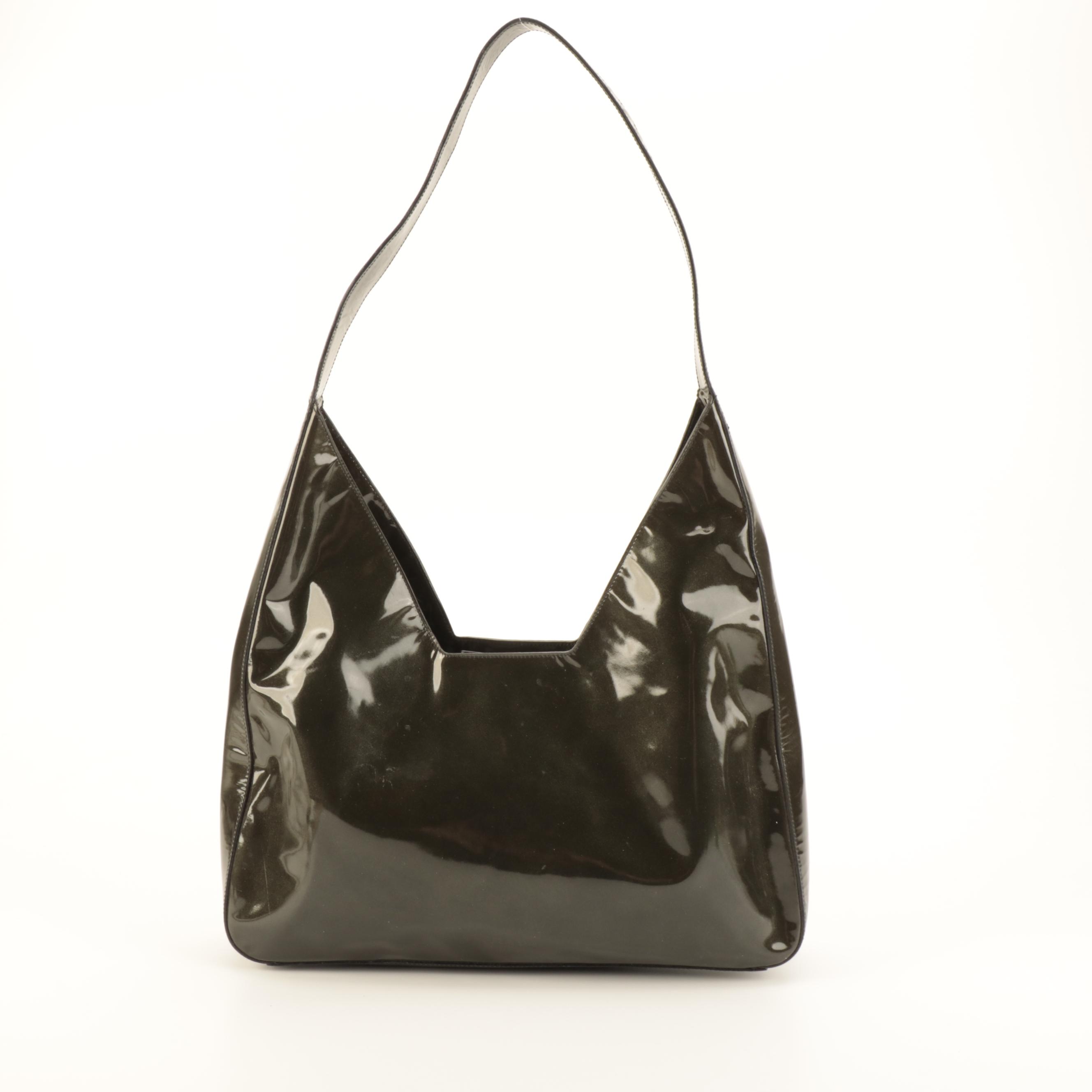 Prada Geometric Hobo Shoulder Bag in Green Metallic Patent Leather