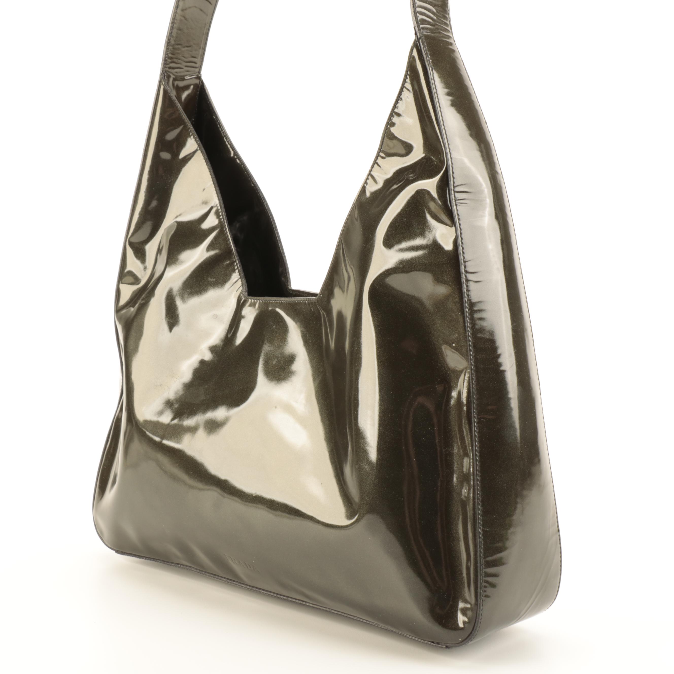 Prada Geometric Hobo Shoulder Bag in Green Metallic Patent Leather