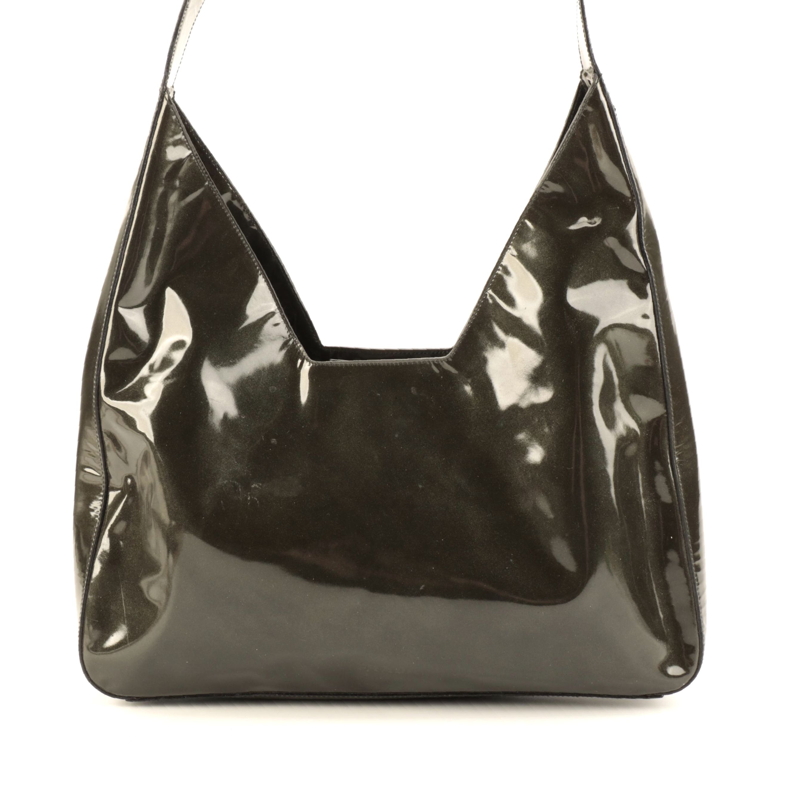 Prada Geometric Hobo Shoulder Bag in Green Metallic Patent Leather