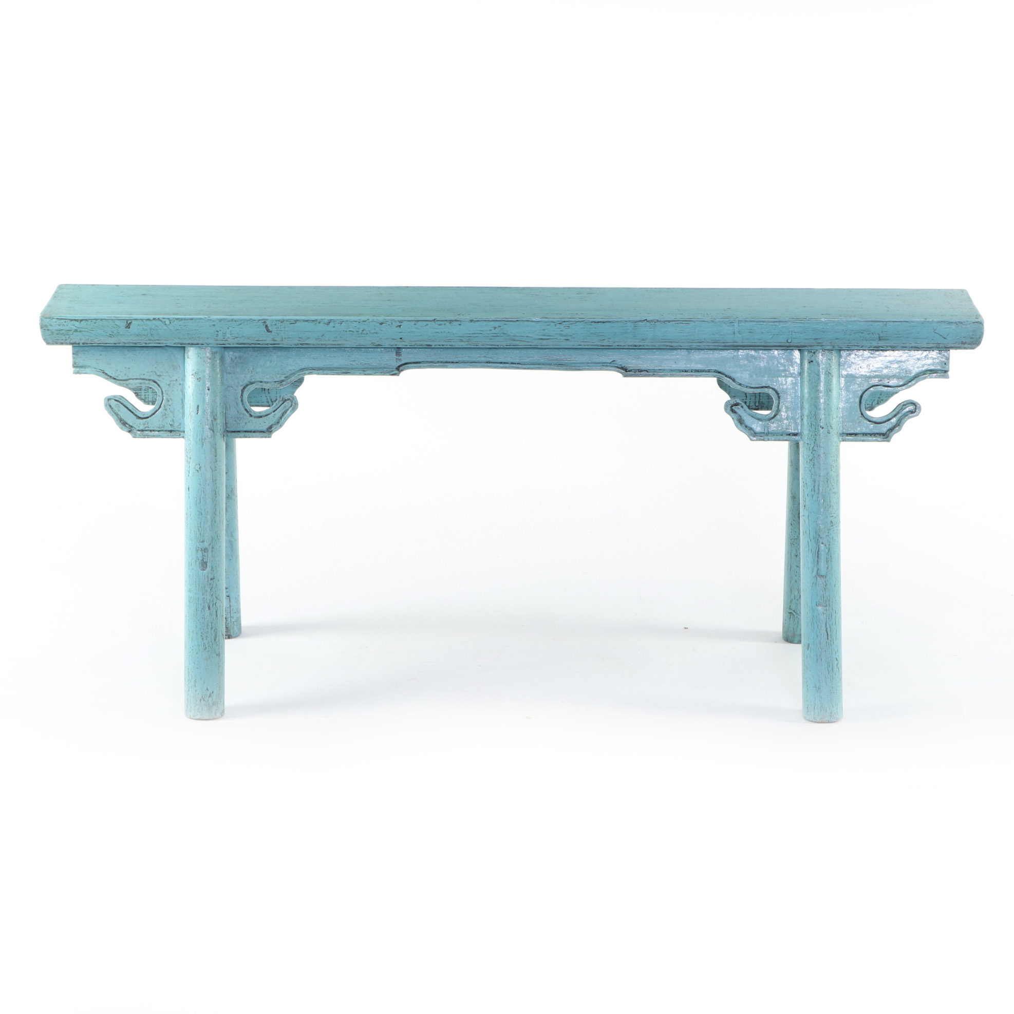 Chinese Blue-Painted and Carved Wood Bench