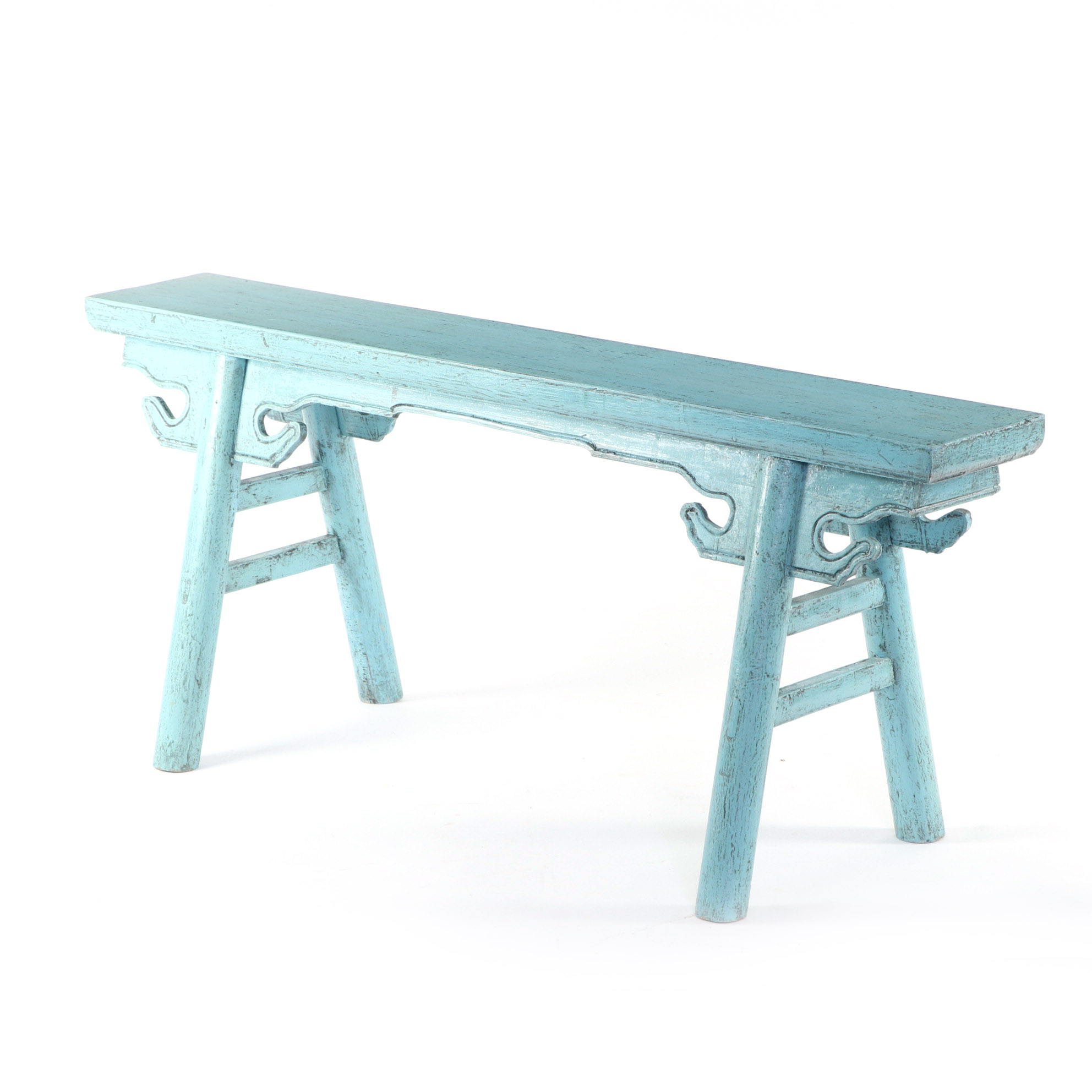 Chinese Blue-Painted and Carved Wood Bench