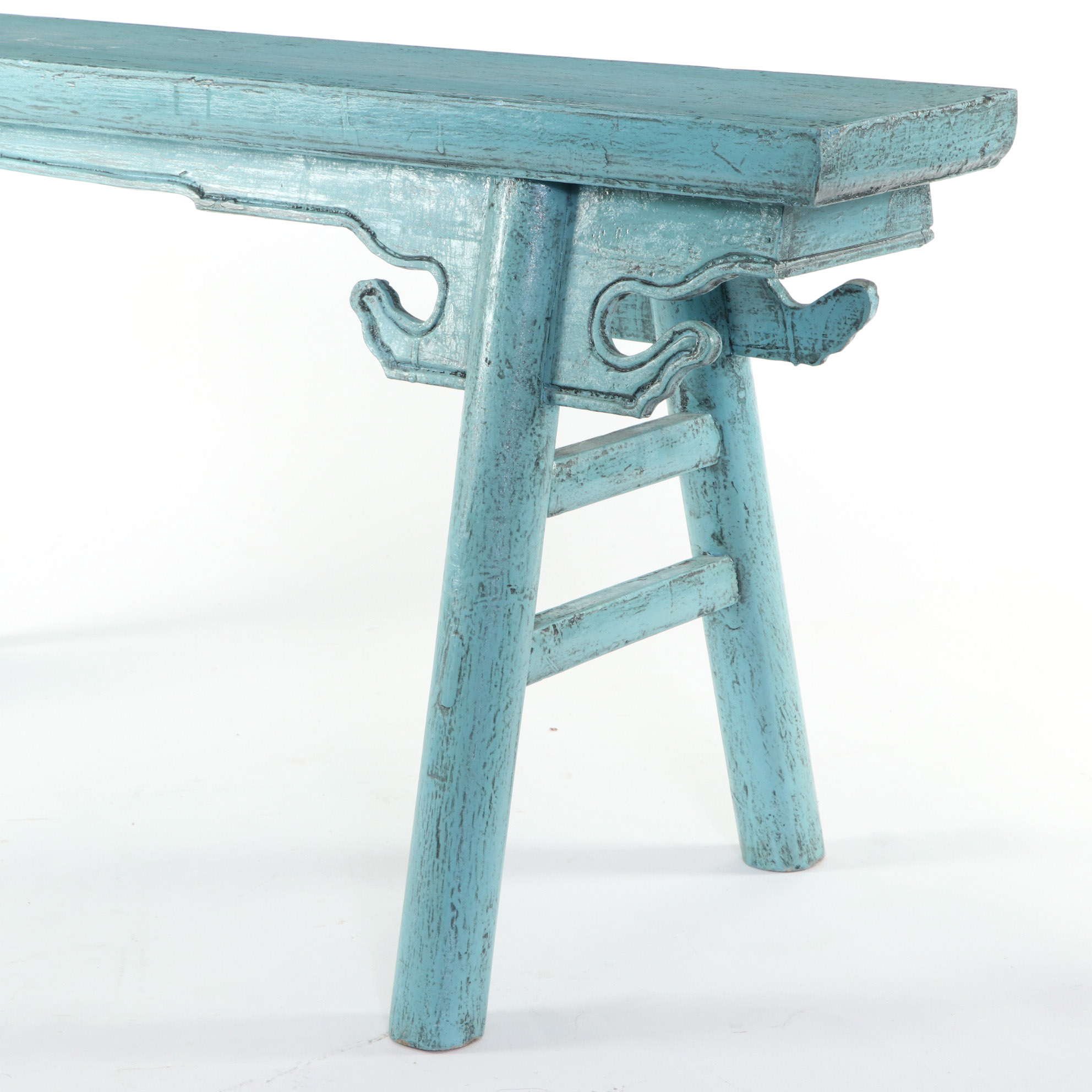 Chinese Blue-Painted and Carved Wood Bench