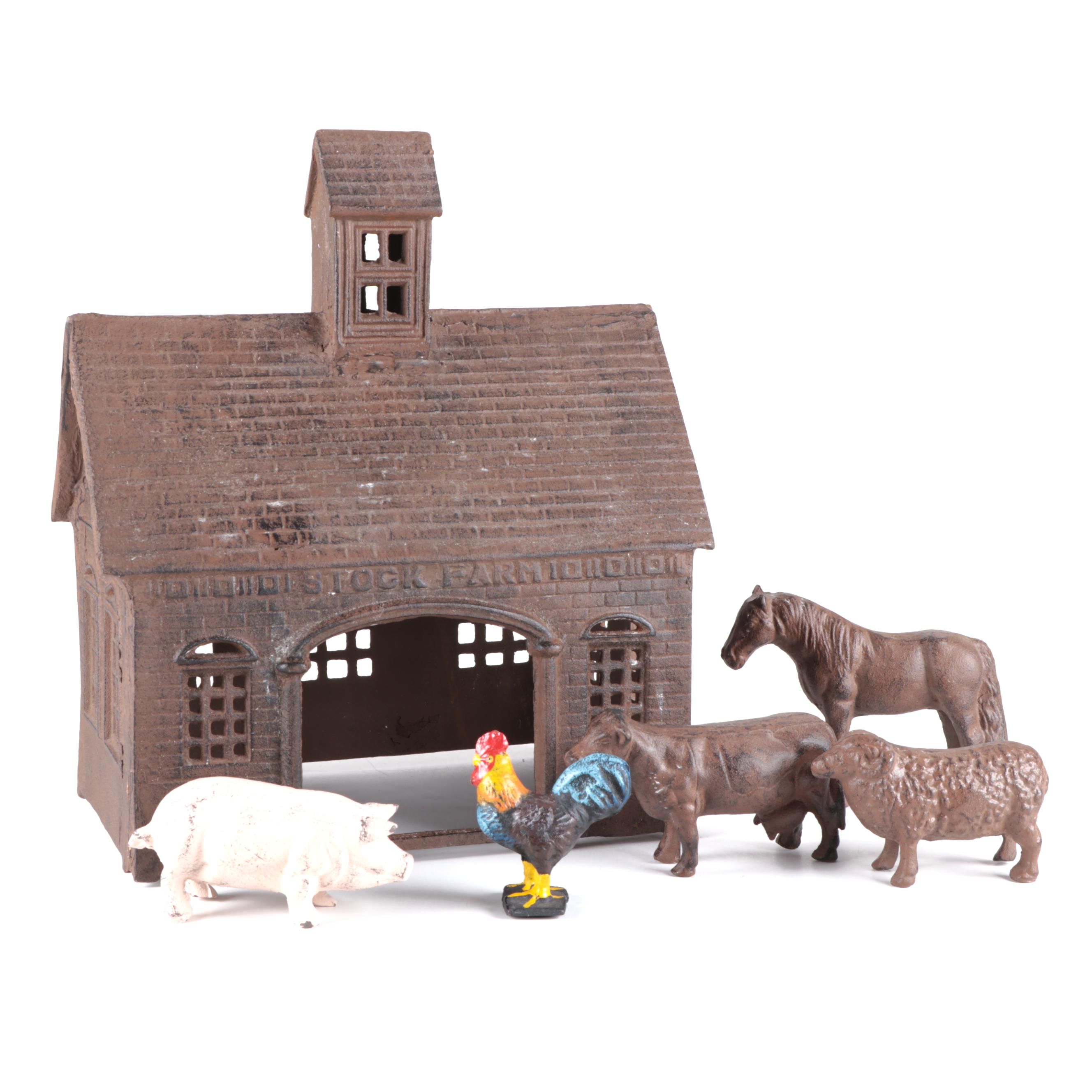 Cast Iron "Stock Farm" Barn with Livestock Figures