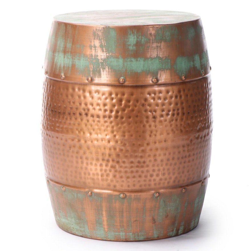 Decmode Forced Patina and Copper Colored Hammered Metal Barrel Accent Table