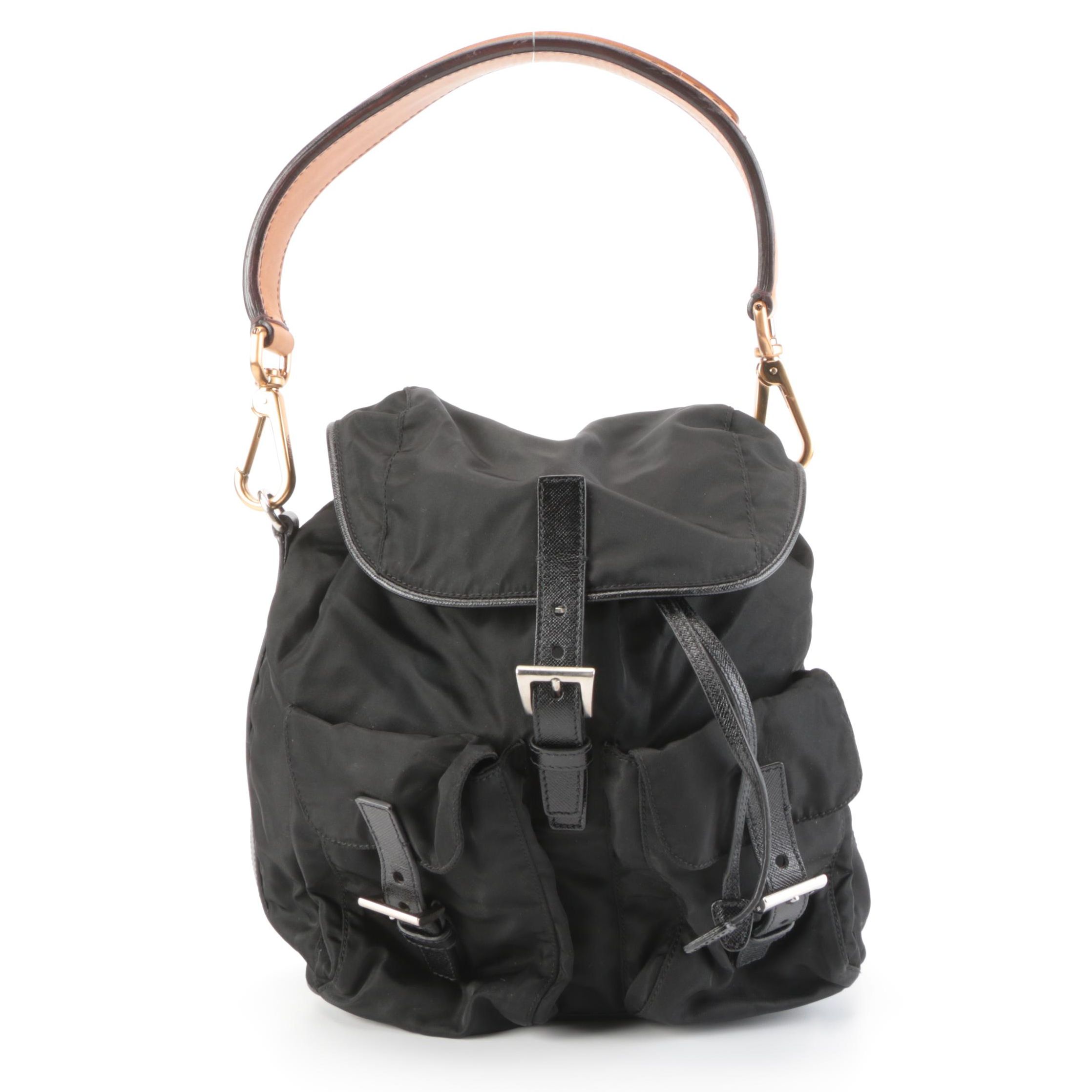 Prada Backpack Shoulder Bag in Vela Nero Nylon and Leather with Shoulder Strap