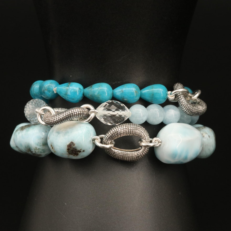 Michael Dawkins Sterling Triple Strand Bracelet with Larimar and Aquamarine