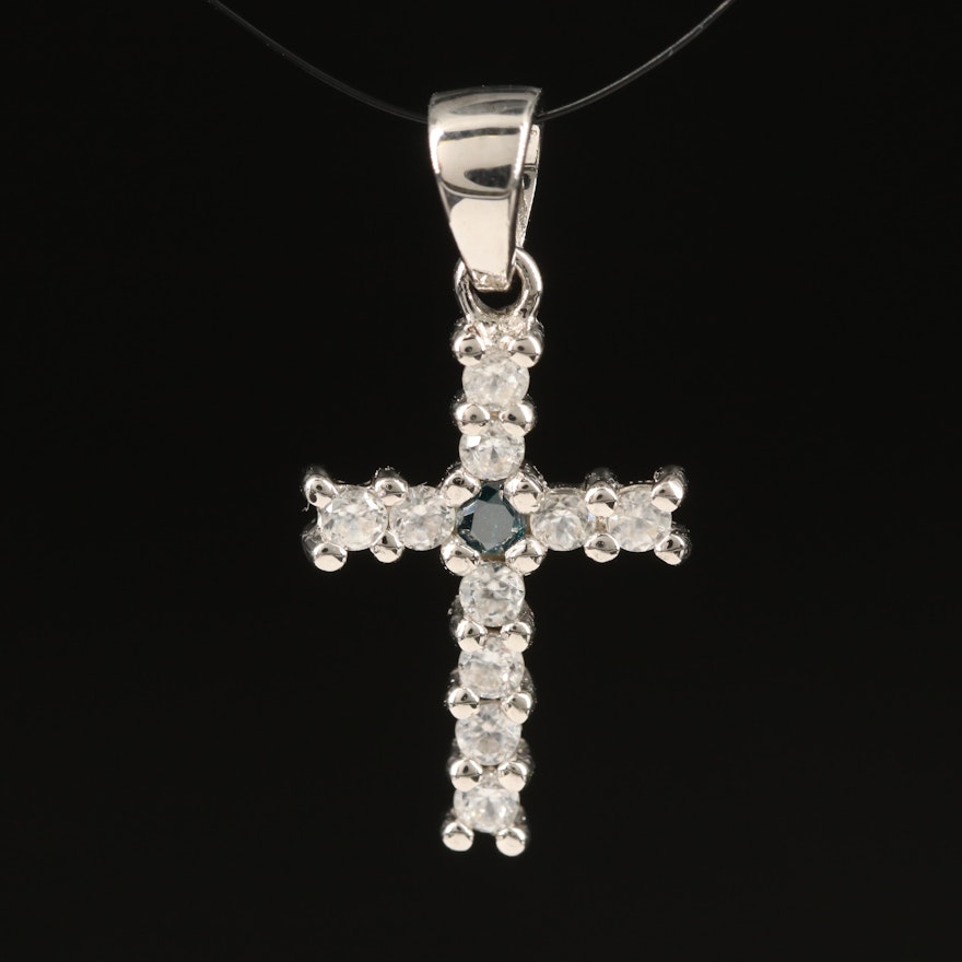 Sterling Diamond and White Zircon Cross Pendant