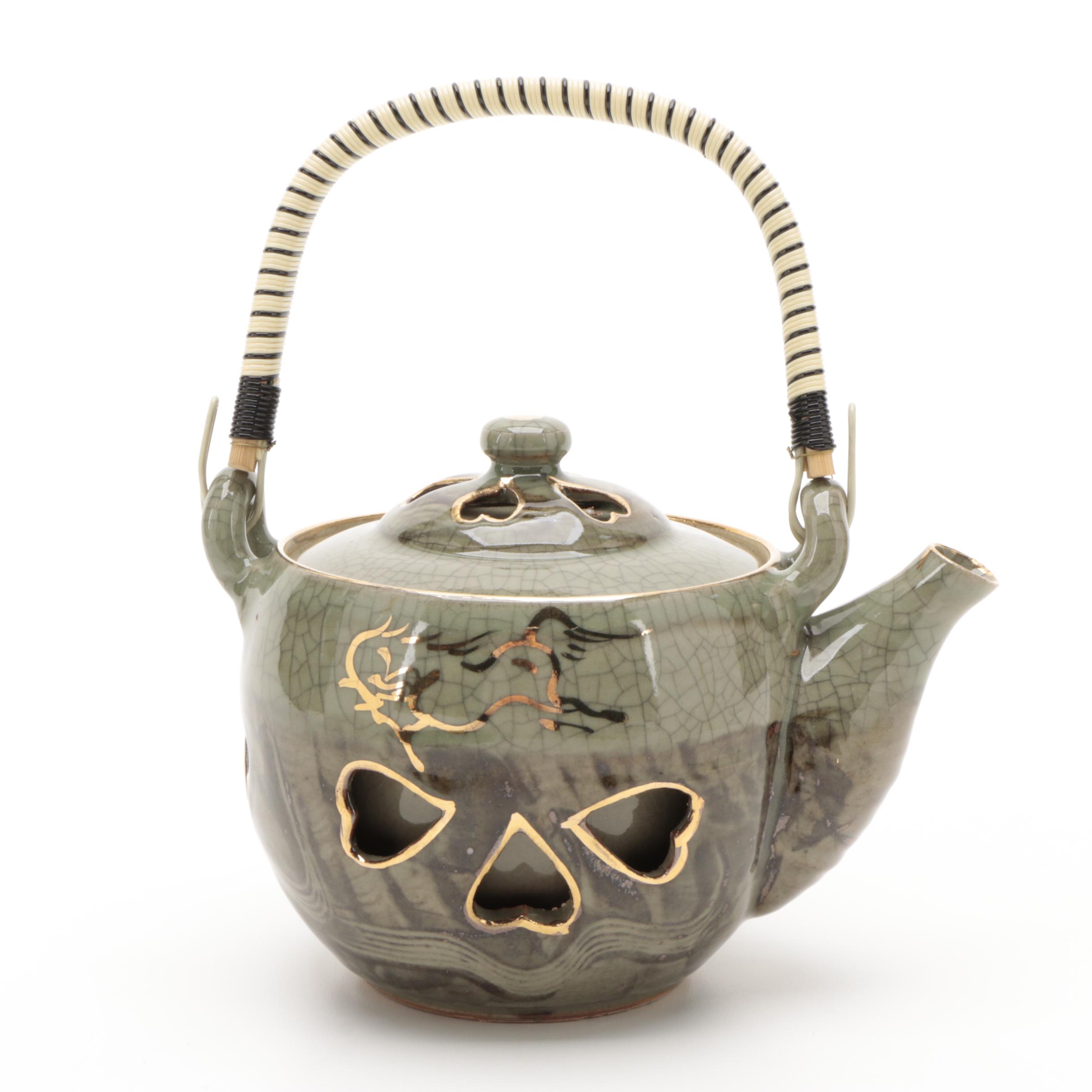 Obori Soma Ware Sacred Horse Stoneware Tea Pot, Cups, and Bowls