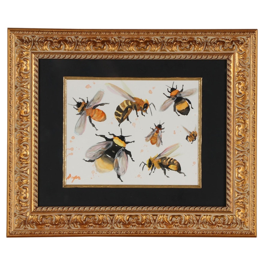 Anne Gorywine Watercolor Painting of Bumble Bees, 21st Century