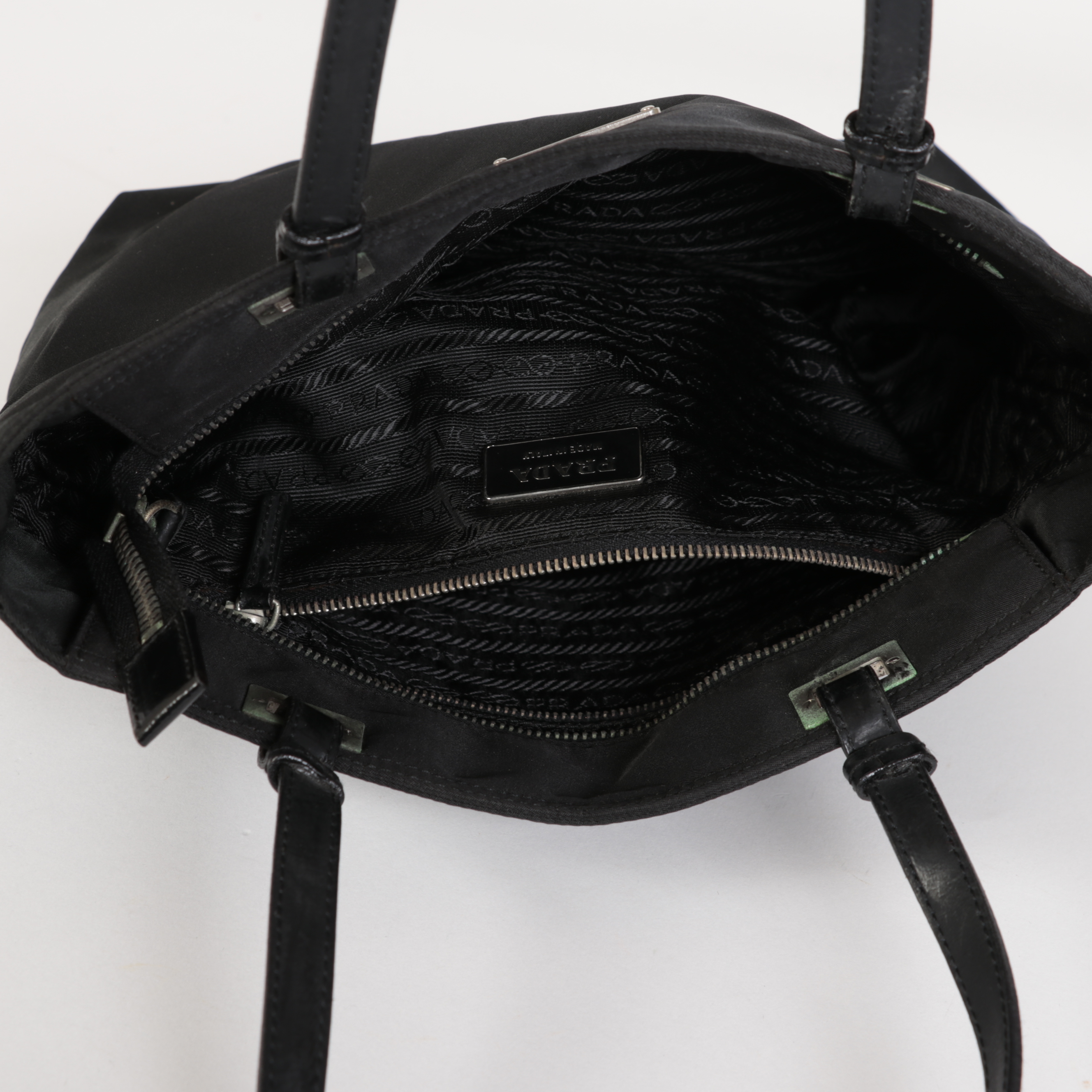 Prada Shoulder Tote in Black Nylon Tessuto and Smooth Black Leather