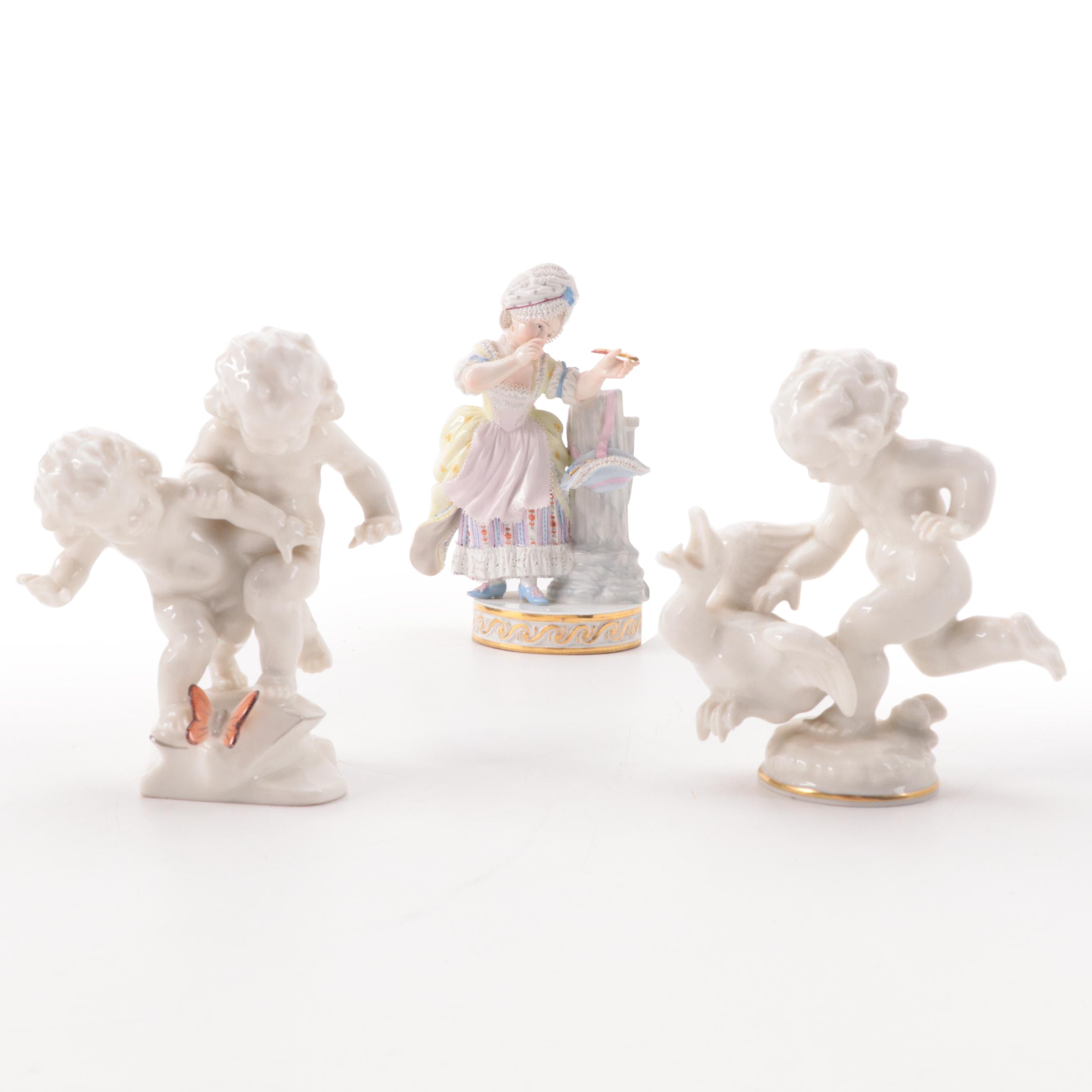 Meissen Girl Aiming Arrow and Other Porcelain Dresden Style Figurines