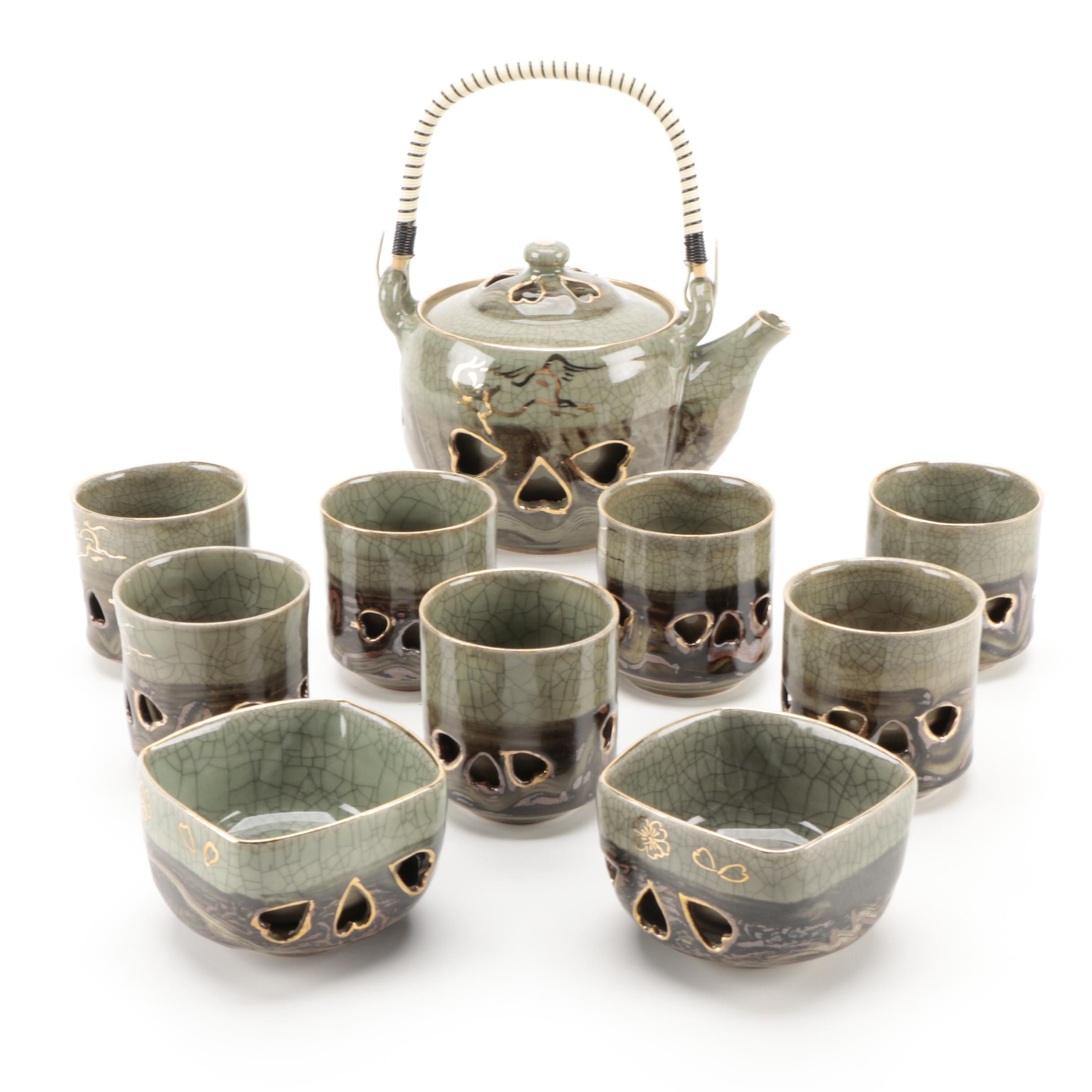 Obori Soma Ware Sacred Horse Stoneware Tea Pot, Cups, and Bowls