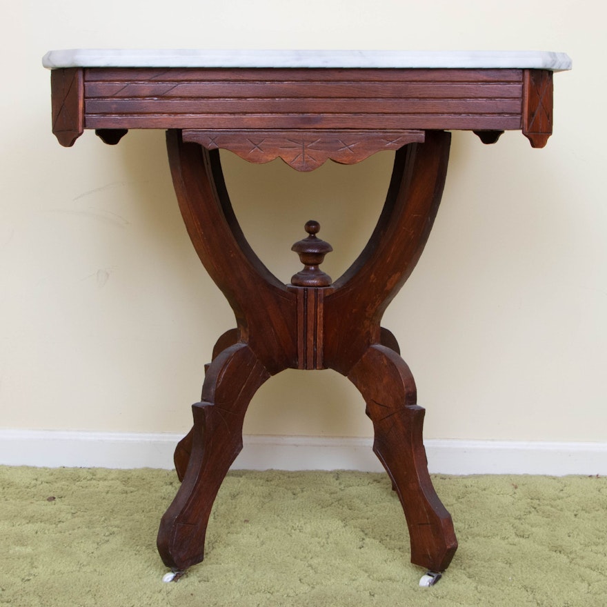 Victorian Eastlake Style Marble Top Walnut Side Table, Late 19th/Early 20th C.