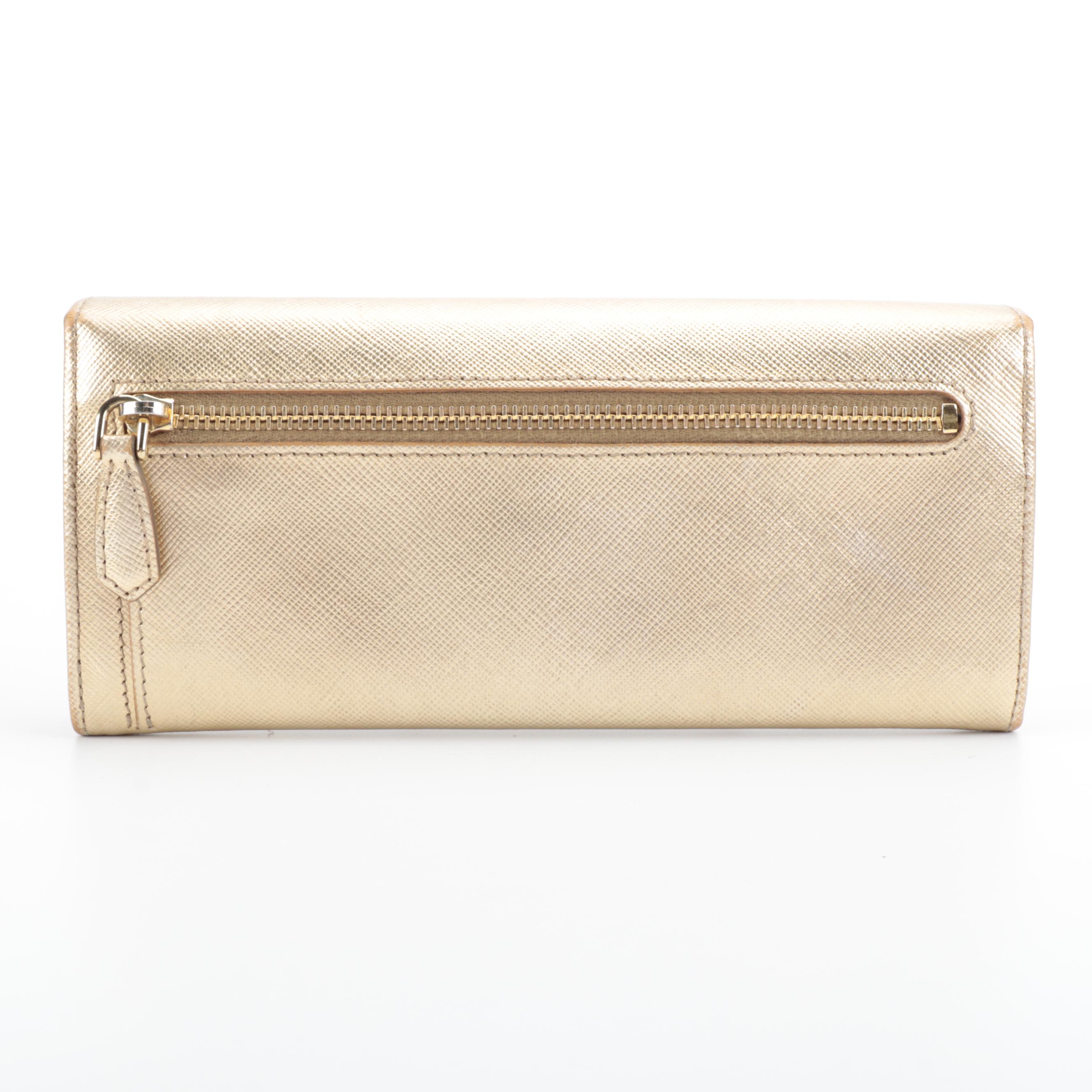Prada Long Wallet in Metallic Gold Saffiano Leather with Box