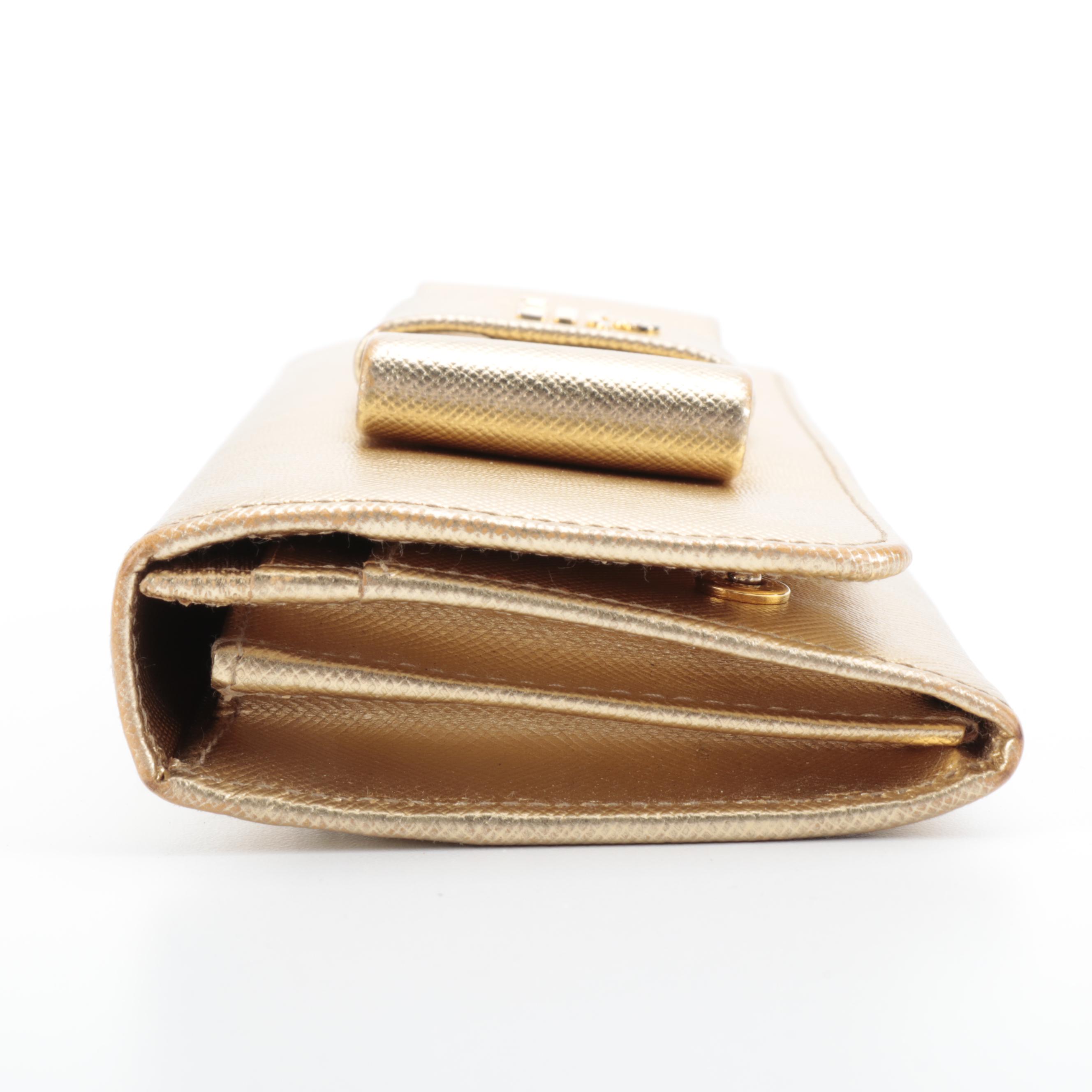 Prada Long Wallet in Metallic Gold Saffiano Leather with Box