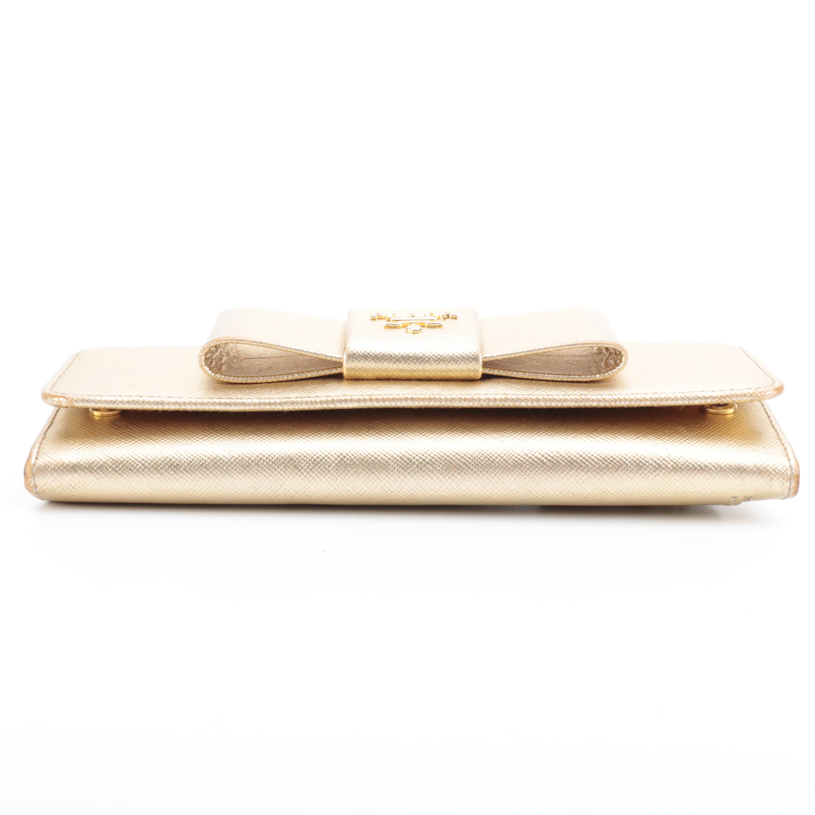 Prada Long Wallet in Metallic Gold Saffiano Leather with Box