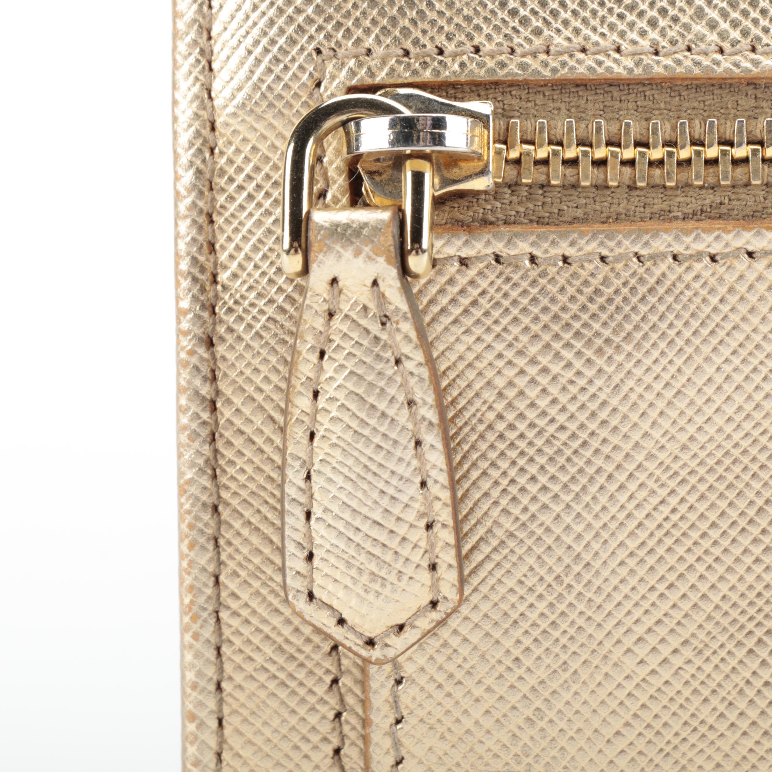 Prada Long Wallet in Metallic Gold Saffiano Leather with Box