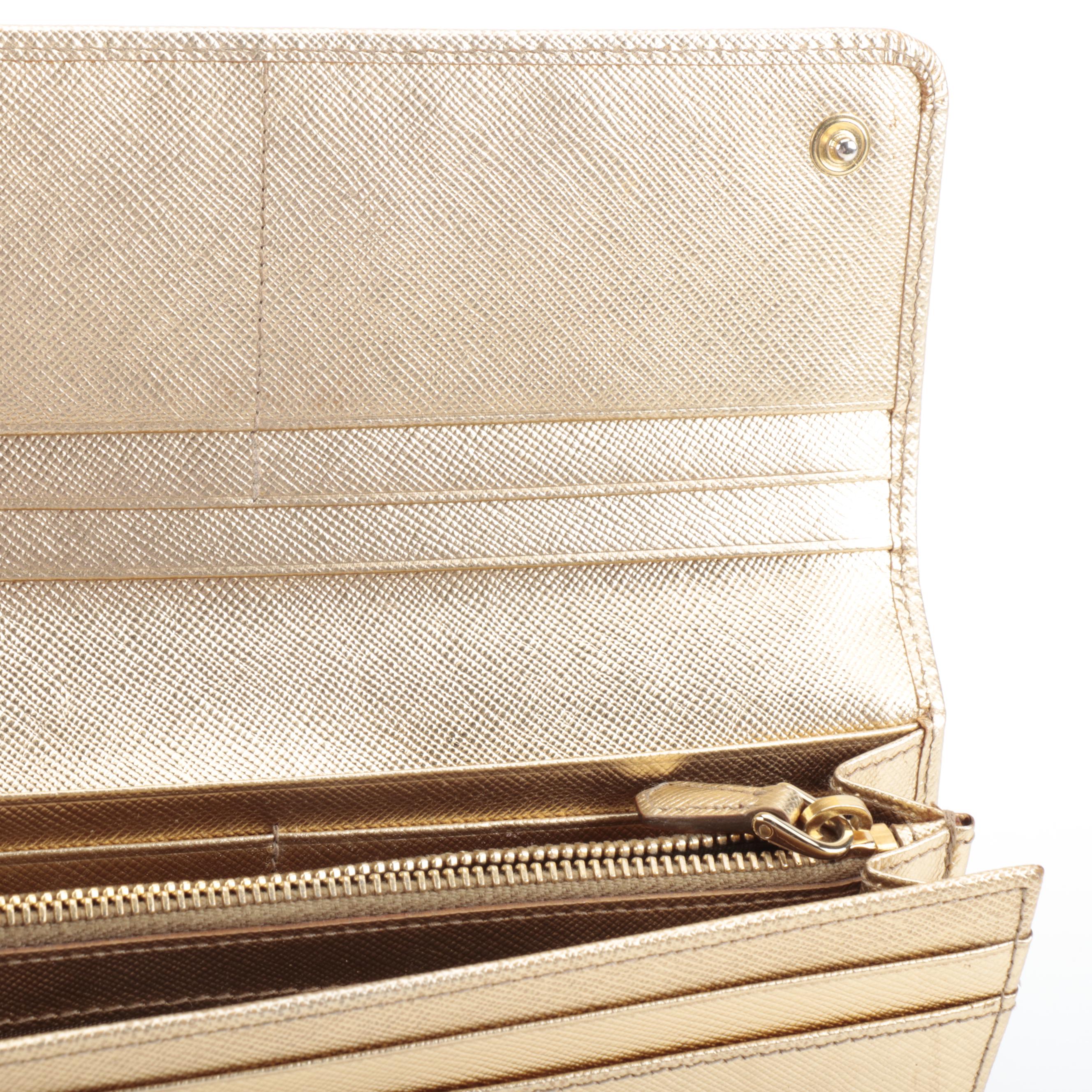 Prada Long Wallet in Metallic Gold Saffiano Leather with Box