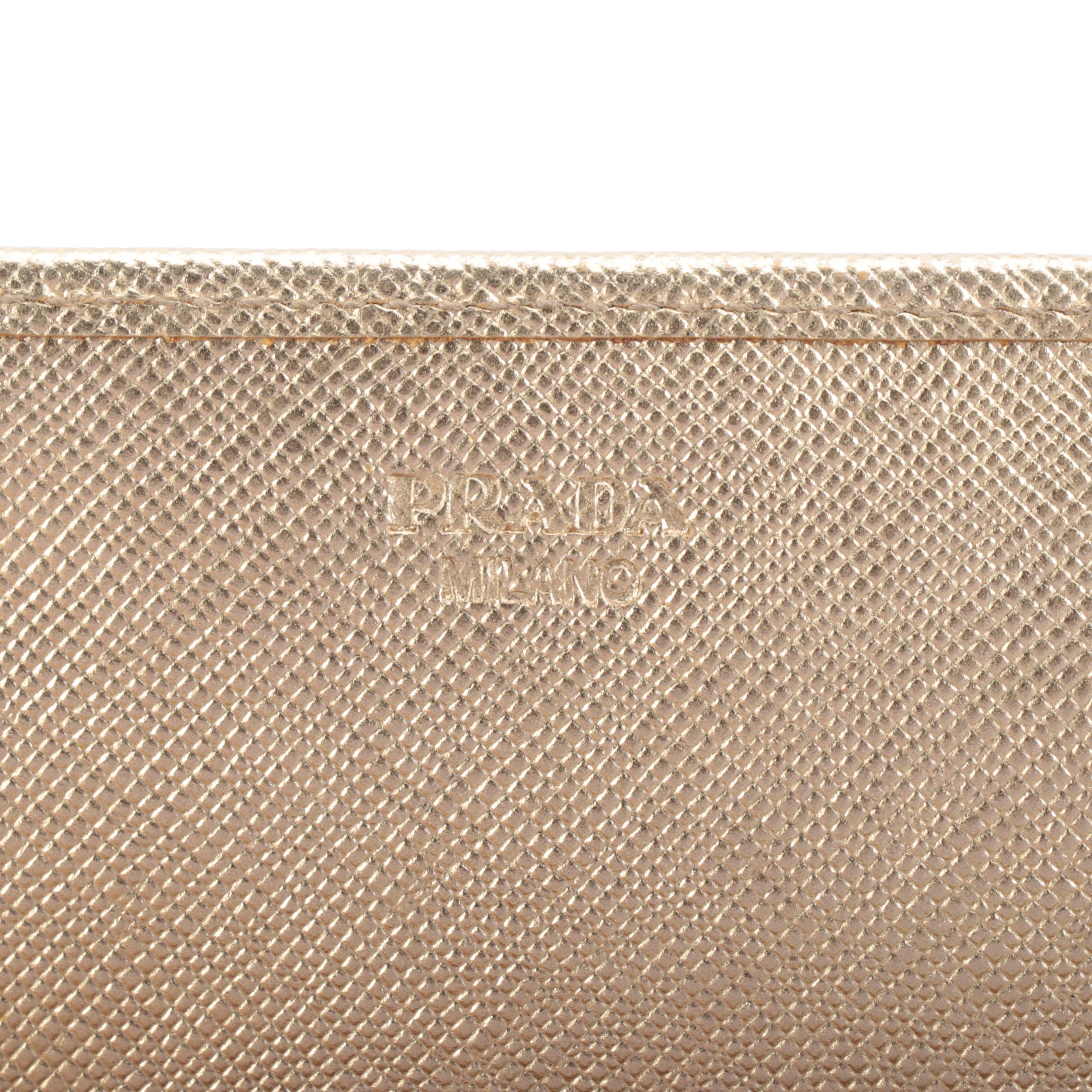 Prada Long Wallet in Metallic Gold Saffiano Leather with Box