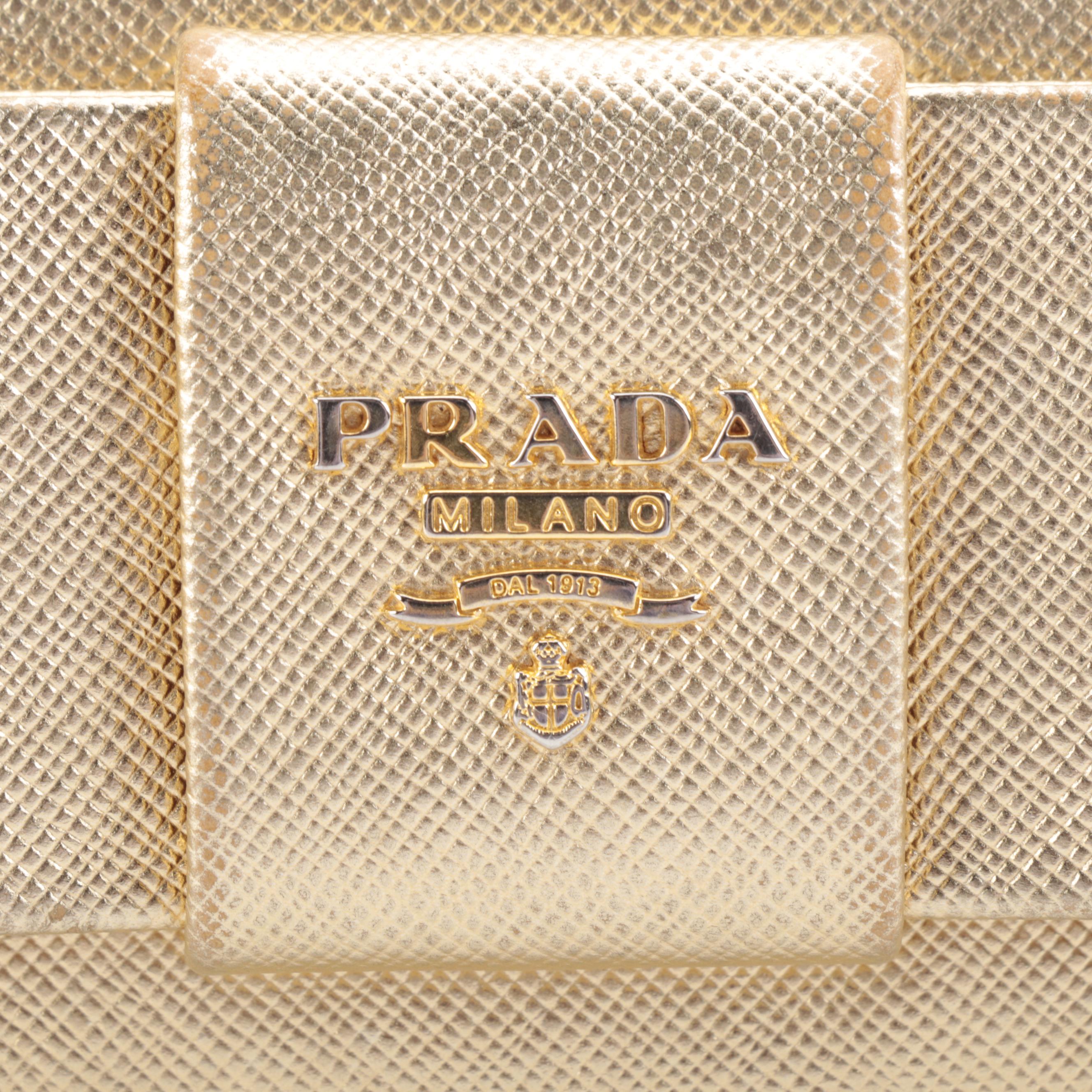 Prada Long Wallet in Metallic Gold Saffiano Leather with Box
