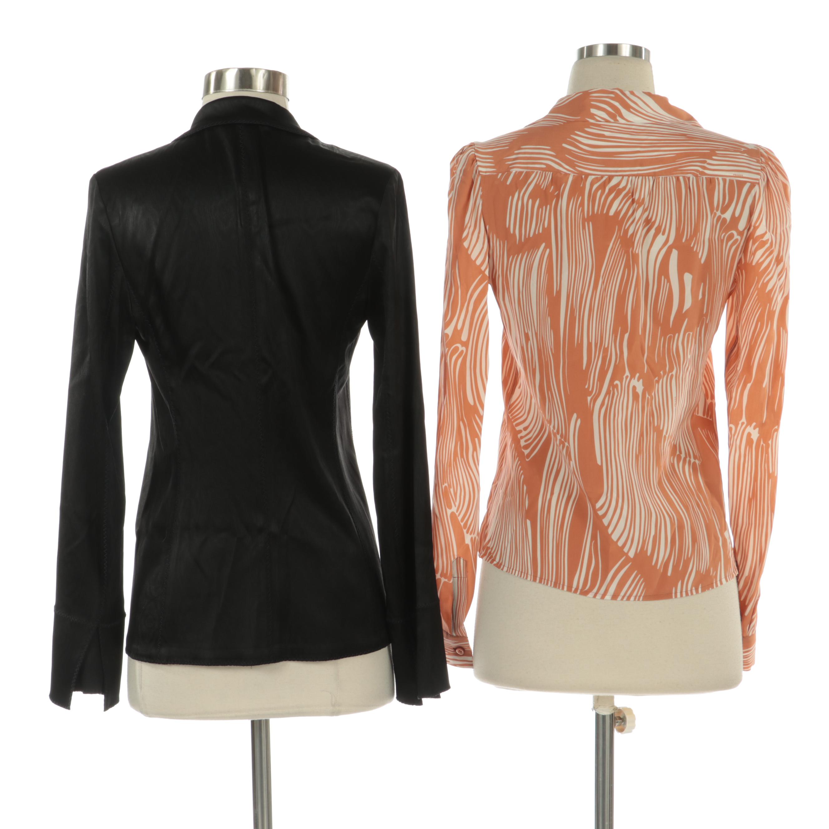 Prada Printed Silk Blouse and Diane von Furstenberg Black Blazer