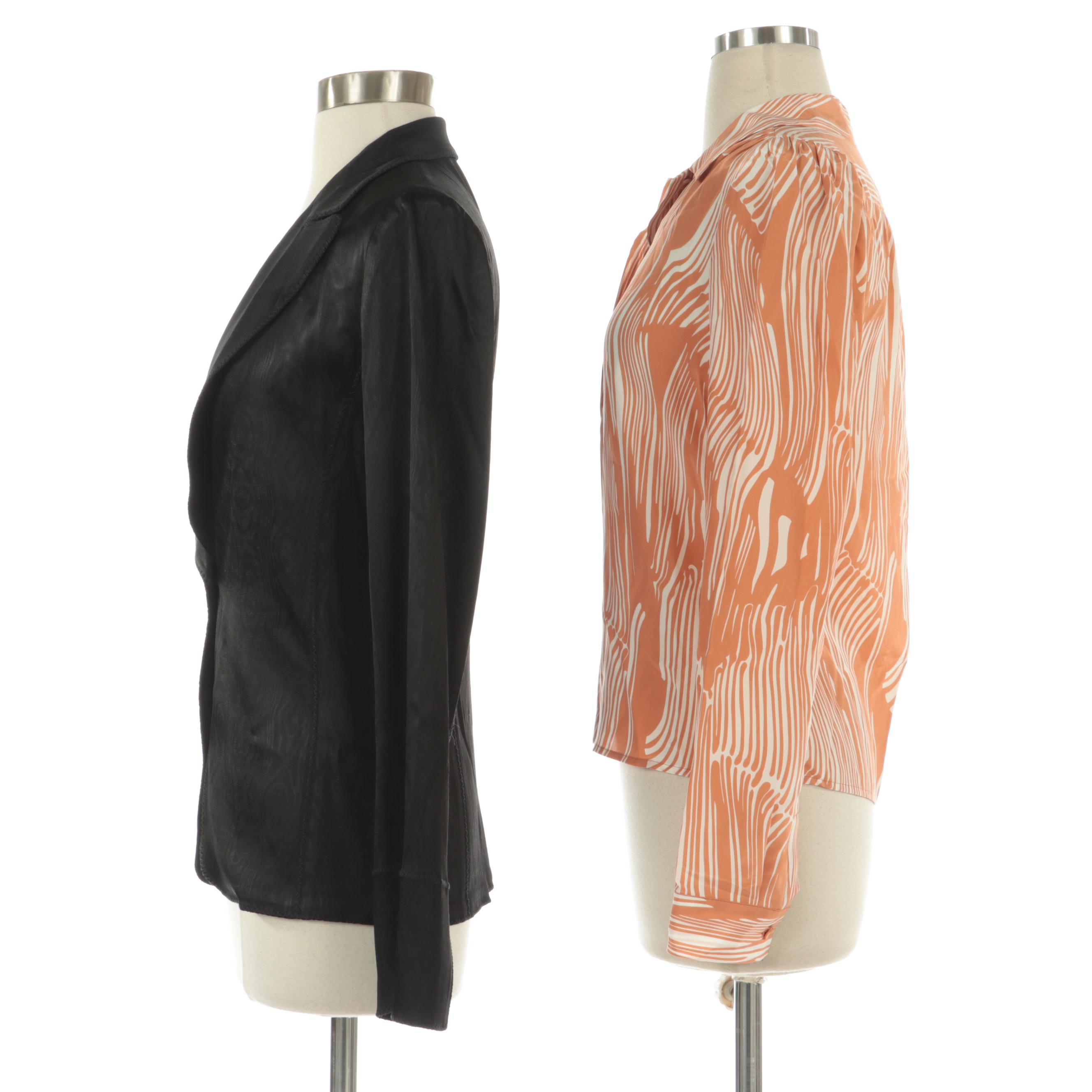 Prada Printed Silk Blouse and Diane von Furstenberg Black Blazer