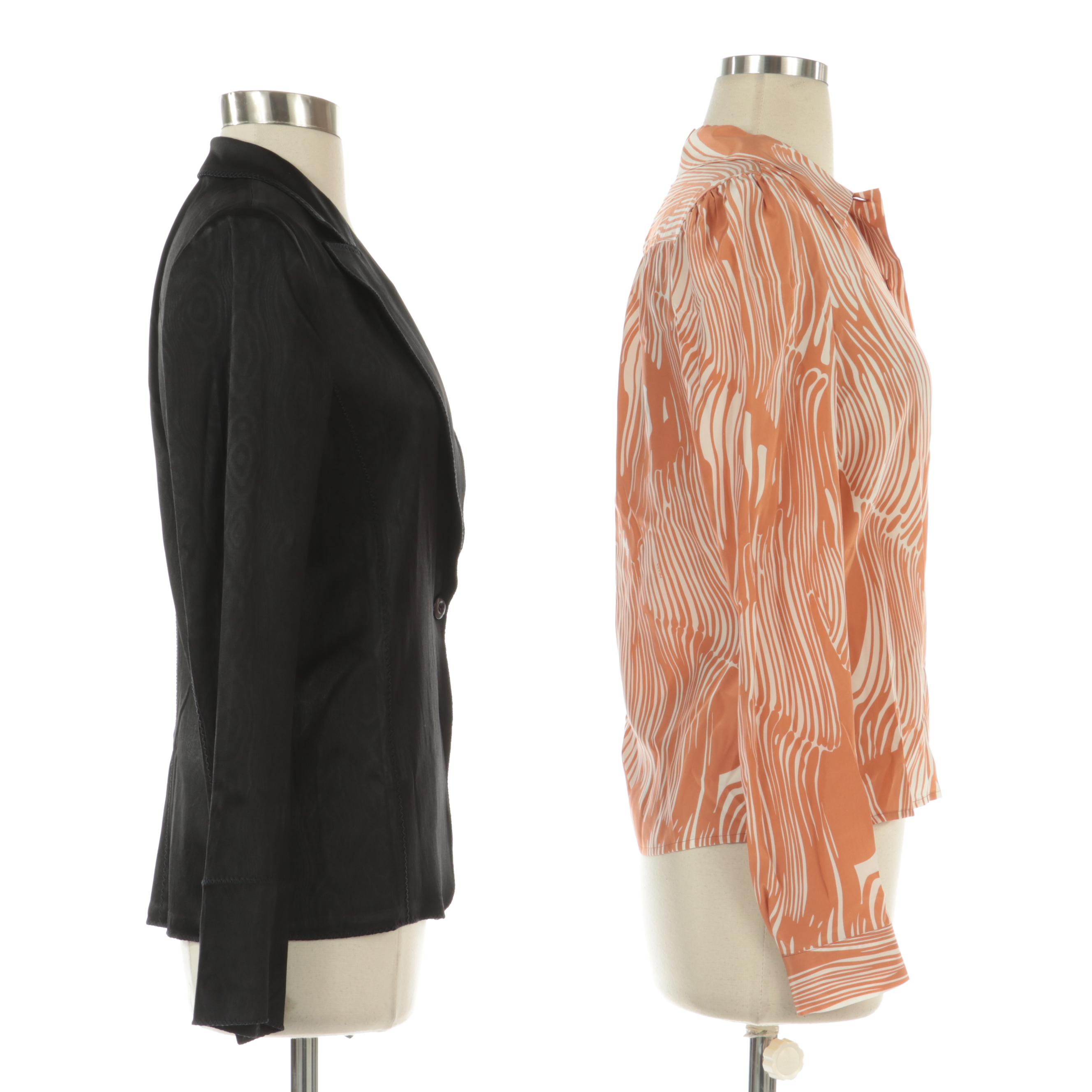 Prada Printed Silk Blouse and Diane von Furstenberg Black Blazer