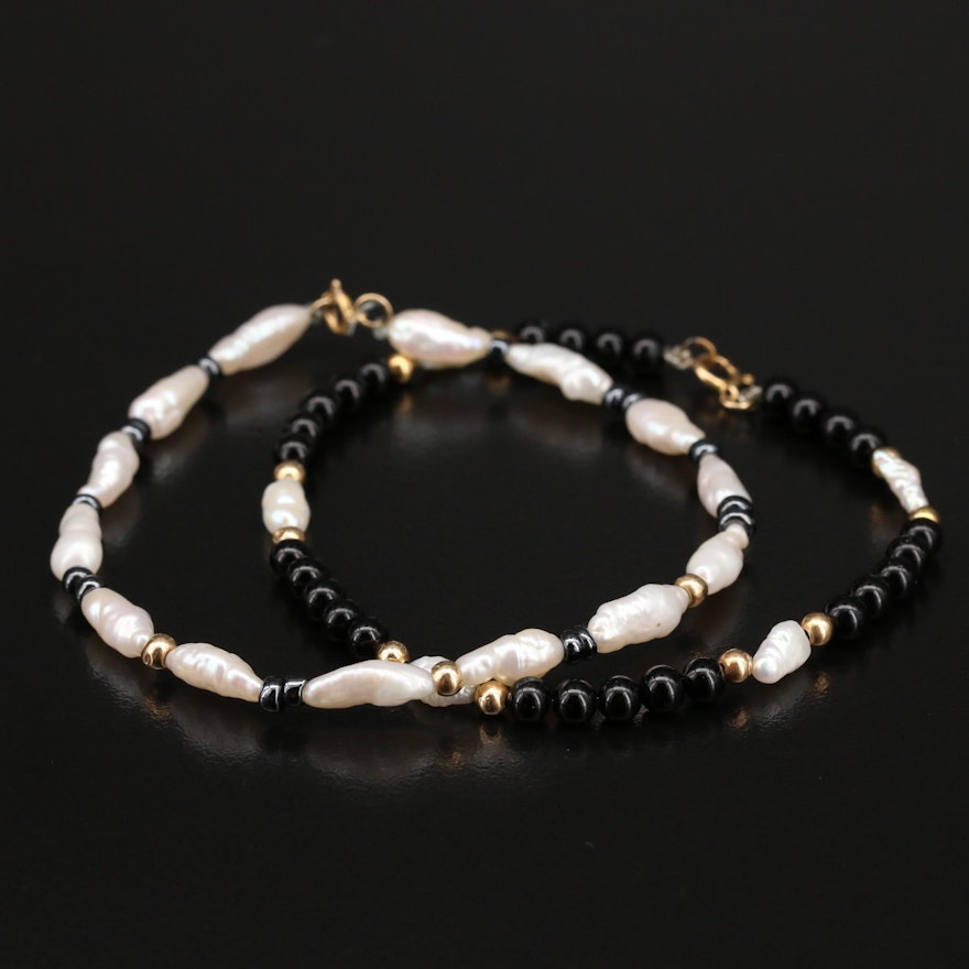 Pearl, Hematite and Glass Bracelets with 14K Clasps