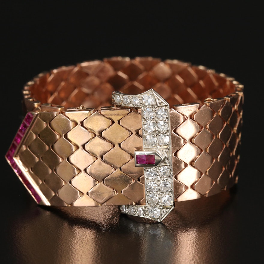 1930s 14K Rose Gold 1.08 CTW Diamond and Ruby Jarretière Bracelet