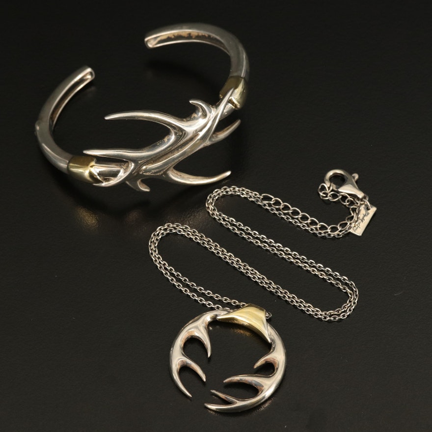 Elizabeth and James Sterling Antler Necklace and Hinged Cuff Set with Pouches